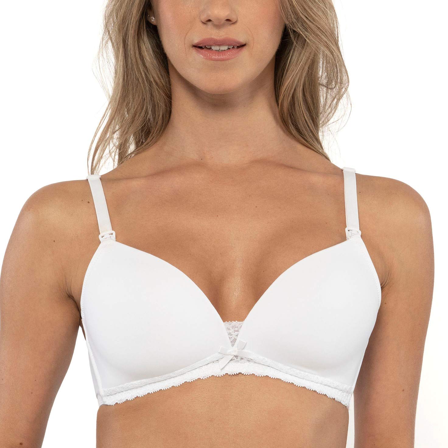 Dorina MAY Wireless Nursing Bra – Moulded Cups with Cotton Sling, Adjustable Straps, Delicate Band Lace Trimming, Easy Clips for Seamless Skin-On-Skin Contact, White