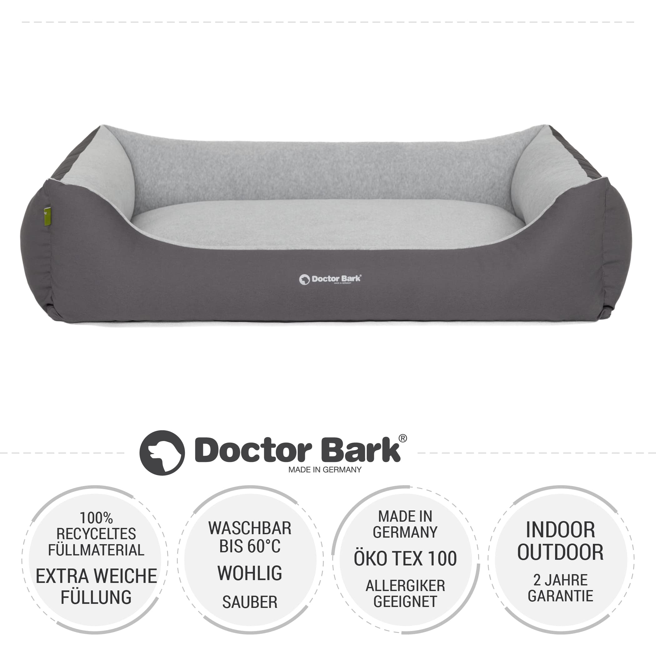 Doctor Bark GreenLabel - Cama para perros grandes, lavable, mullida, suave, duradera, suave, de GreenLabel (XL, 110 x 85 cm, gris)