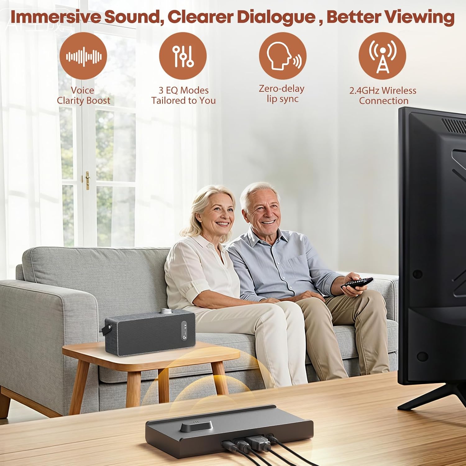 LARKSOUND Handy TV Speaker for Elderly, Portable TV Sound Amplifier with Dialogue Clarity, No Bluetooth Needed, Plug & Play Base, 3 EQ, HDMI/Optical/AUX, Headphone Jack, Gift for Parents