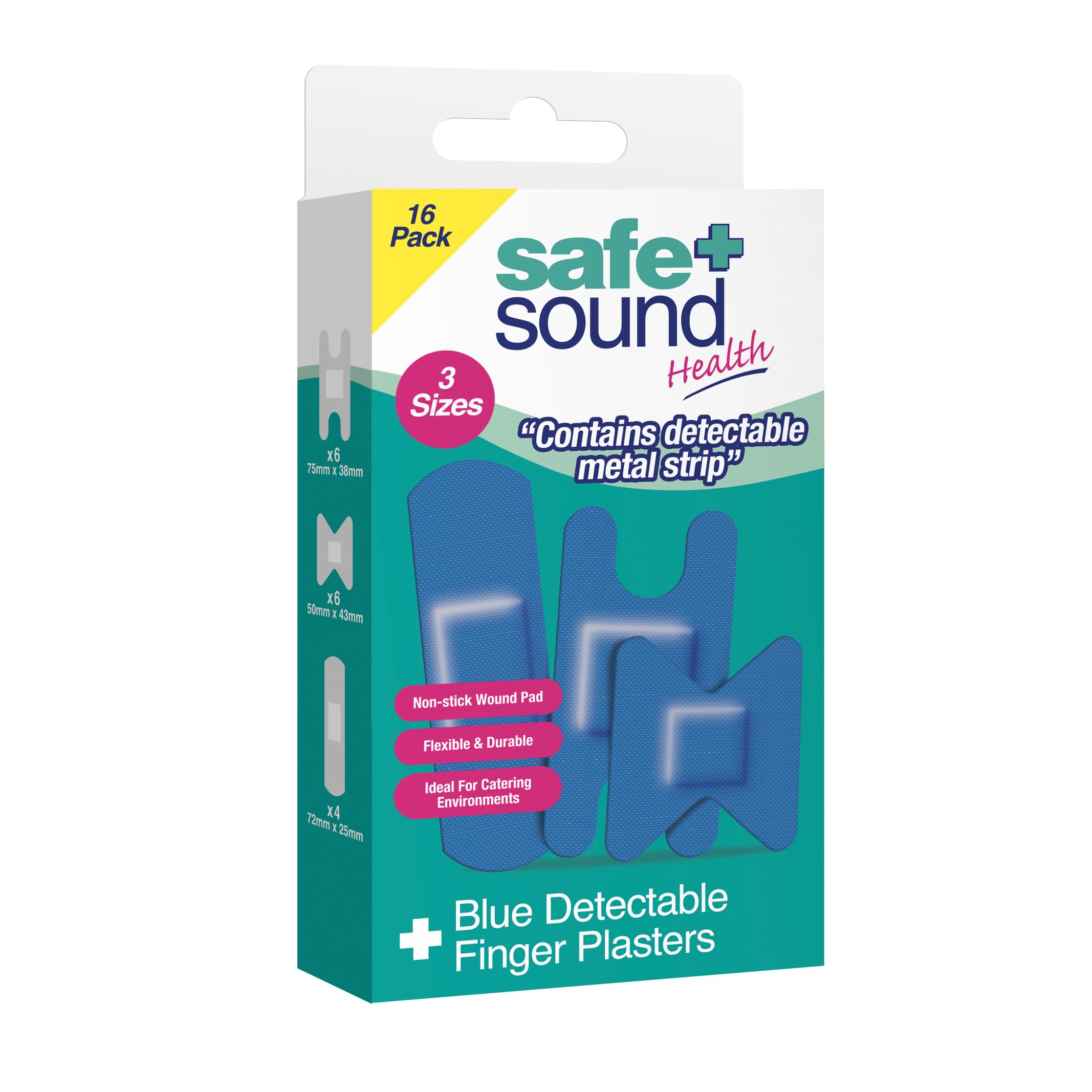 Safe & Sound Blue Detectable Finger Plasters – 16 Pack Assorted Sizes Metal Detectable Waterproof Finger Bandages for Catering & Food Preparation Environments