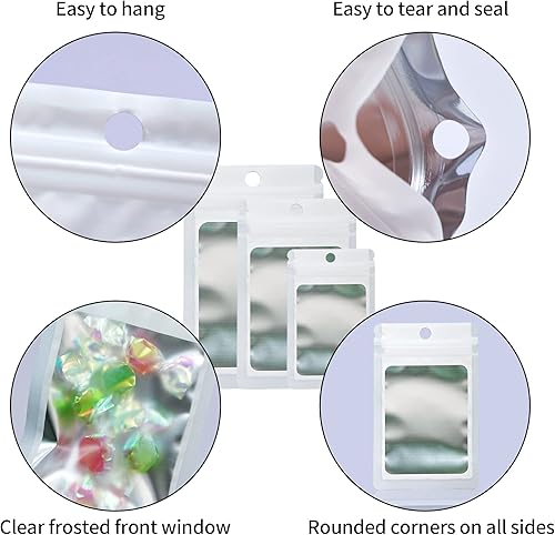 Miniatura 2 de Paquete de 300 bolsas holográficas de Mylar resellables de 3 tamaños, bolsas para almacenamiento de alimentos, a prueba de olores, con ventana