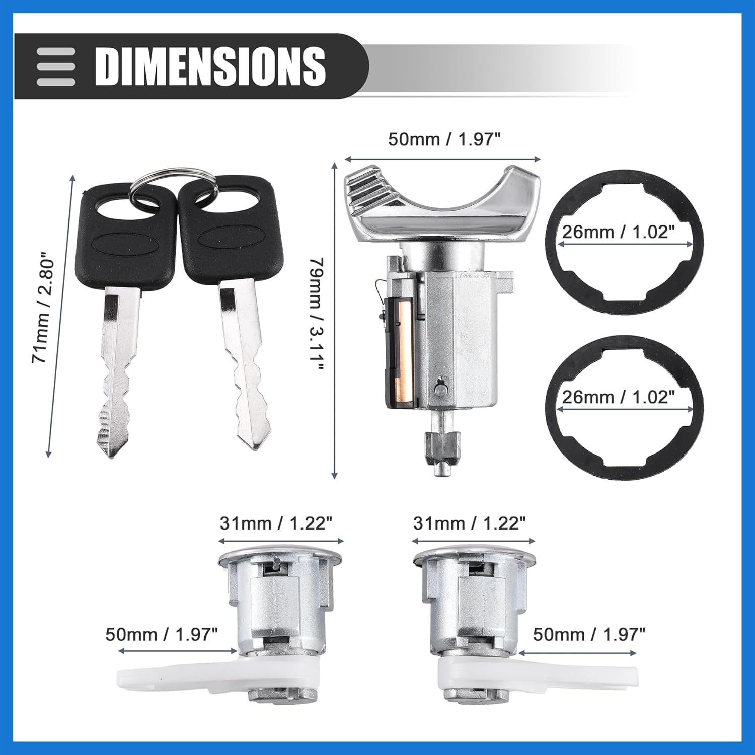 Ignition Switch Lock Cylinder, Door Lock Cylinder Kit, for Ford F150 250 350 Pickup 1992-1995, Metal, with 2 Keys, Black Silver Tone, 1 Set Auto Accessories