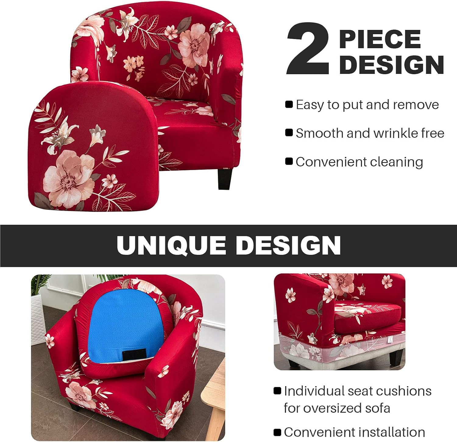 ele ELEOPTION Stretch Club Chair Slipcover 2-Piece Tub Chair Cover Non Slip Furniture Protector with Elastic Bottom Super Soft Couch Cover for Hotel Bar Counter Living Room (Red)