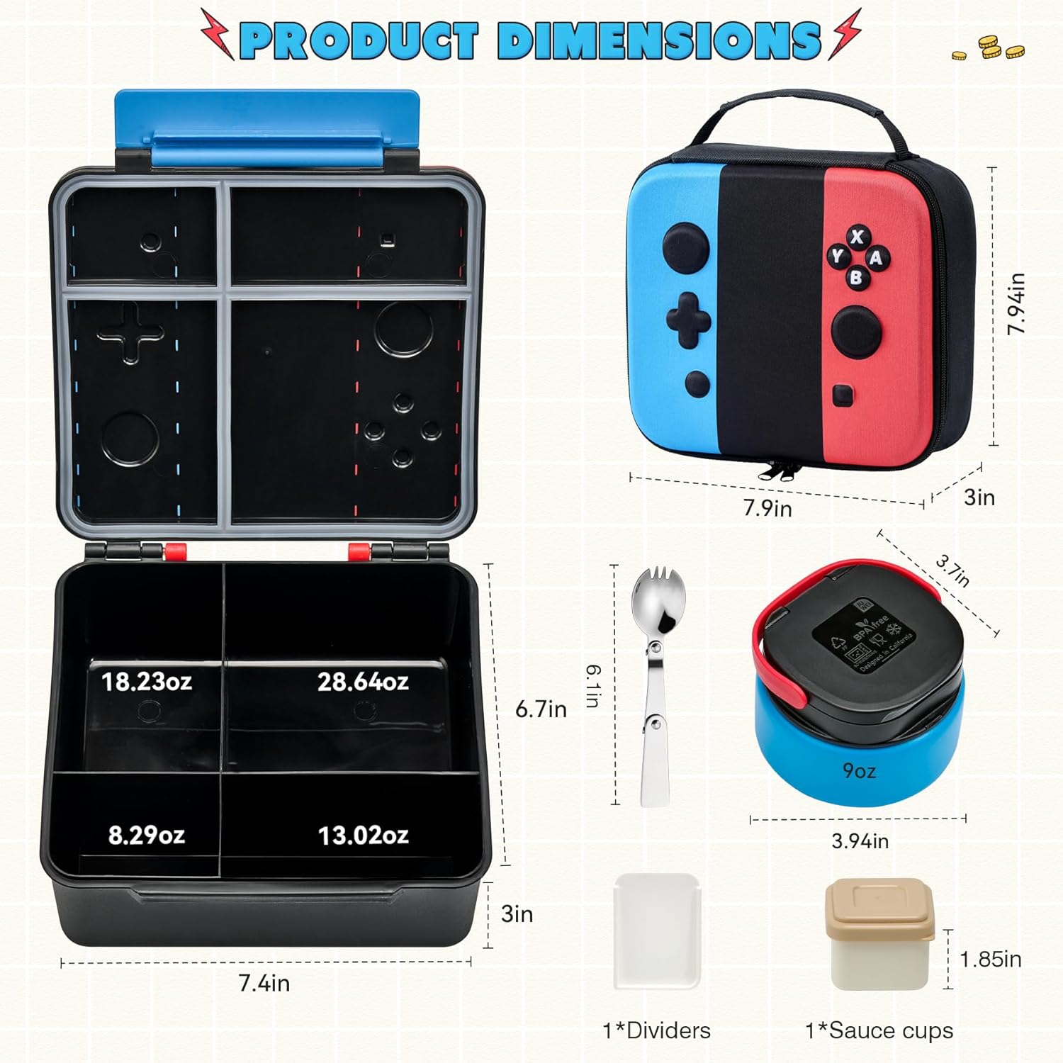 Game Lunch Box for Kids with Thermo, 9 OZ Stainless Food Jar & Insulated Lunch Bag, BPA-Free Kids Lunch Bento Box with Sauce Cup, Leakproof Lunch Box Set for Boys & Girs, School, Travel - Image 6