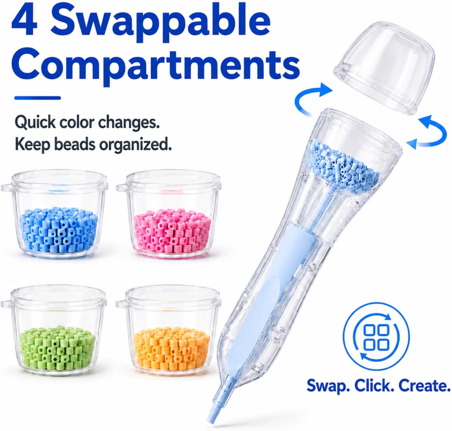2.6mm Fuse Bead Pen with 4 Swappable Lidded Compartments for Mini Fuse Beads, Quick Color Switching, Precise and Easy Bead Placement Tool, Gift for Bead Art Lovers, Blue