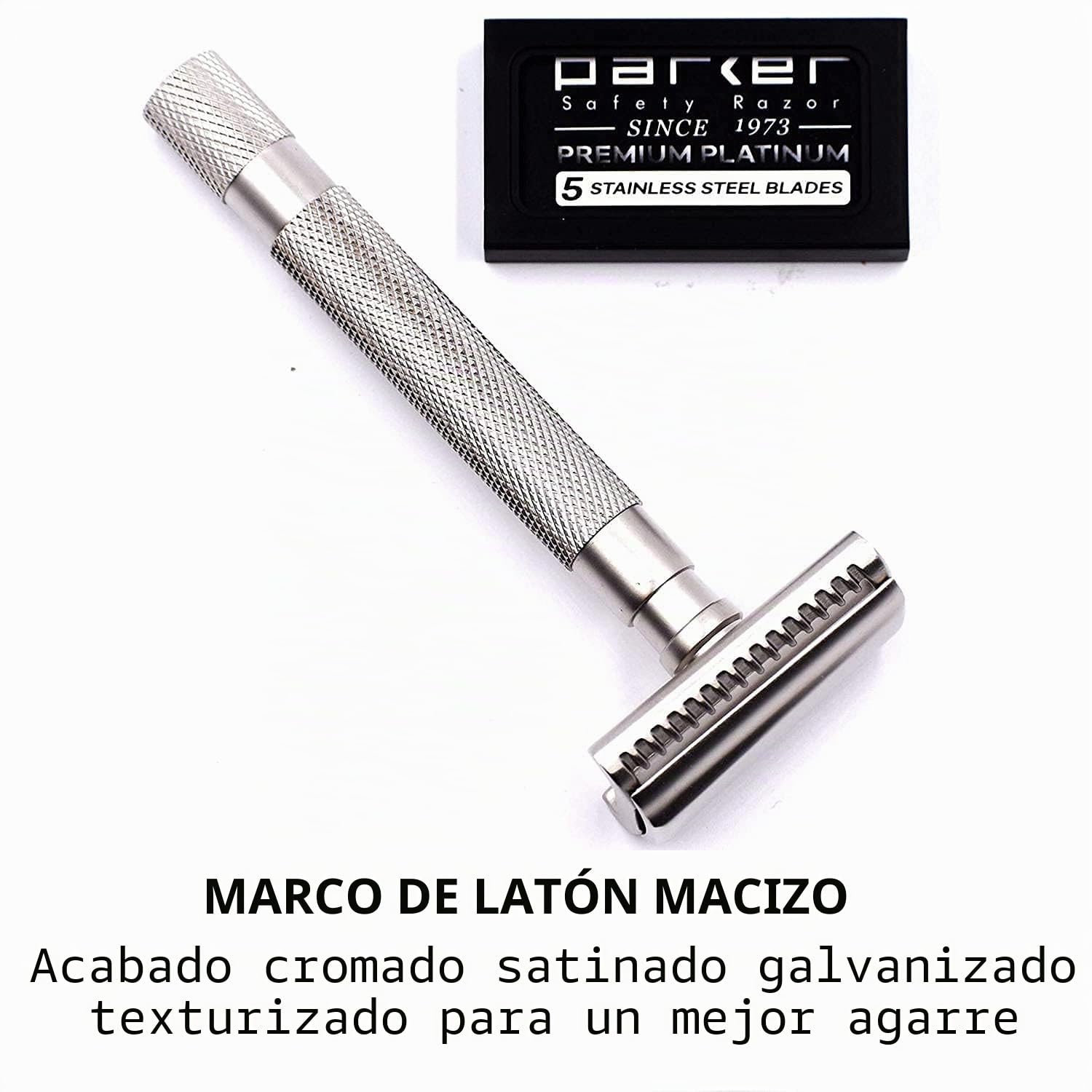 Parker - Maquinilla de afeitar semiinclinada de seguridad, acabado en oro rosa, elegante para piel sensible, cabeza inclinada + 5 cuchillas Parker para resultados suaves