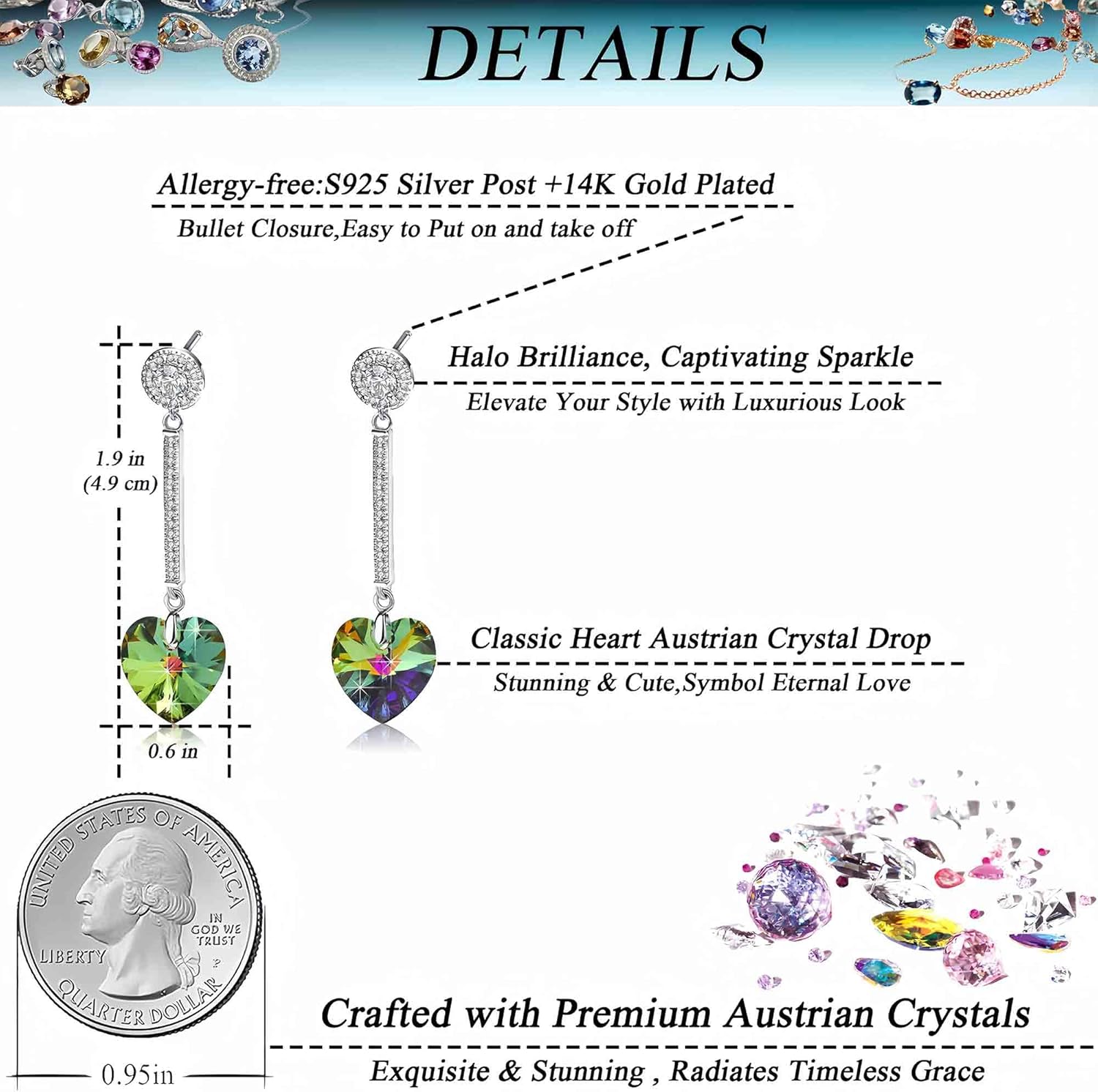 Heart Austrian Crystal Drop Long Dangling Earrings for Women 925 Sterling Silver Post Hypoallergenic Jewelry - Image 4