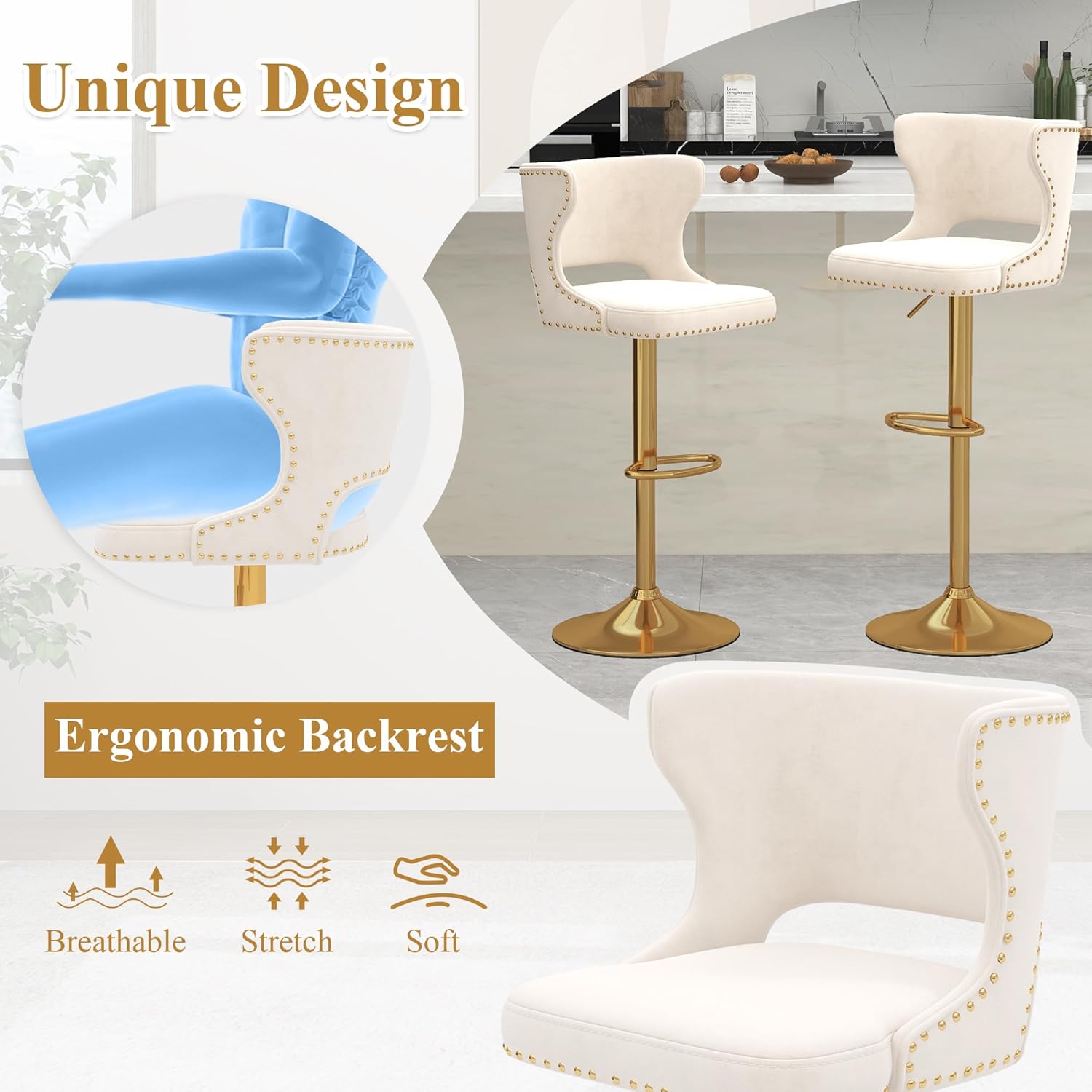 ABET Bar Stools Set of 2, Velvet Swivel Island Chairs, Adjustable Gold Barstools with Hollow Back and Footrest, Upholstered Counter Height Stool Chairs for Kitchen Island Dining Room Home, Beige