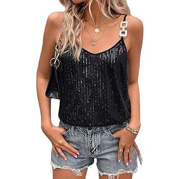 【新品未使用】gajess Glitter Camisole black YILEEGOO Women's Sequin Top V Neck Sleeveless Sparkle