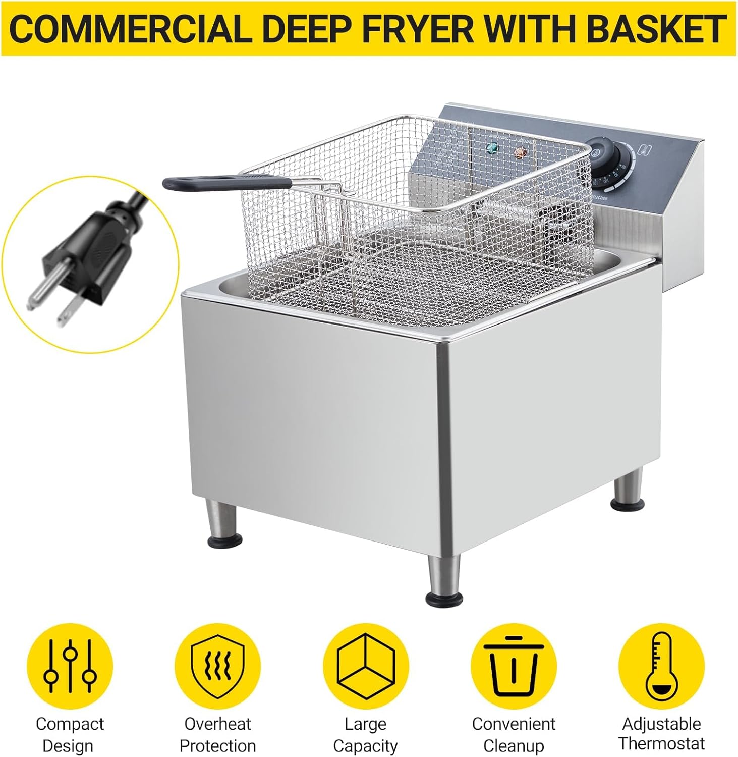 Commercial Deep Fryer 11L 1700W Stainless Steel Electric Countertop Fryer, Fast Heating with Adjustable Thermostat (140℉-392℉), Large Capacity Frying Machine for Home Kitchen, Restaurant