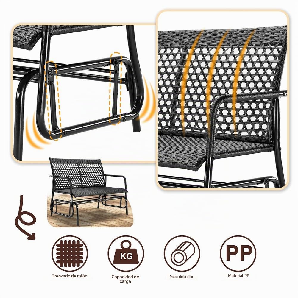 BAKAJI Banco Mecedora de ratán de 2 plazas para Exteriores, Banco de jardín basculante, sofá Mecedora ergonómico con Estructura Resistente a los Rayos UV e Impermeable, Apto para balcón, Patio o