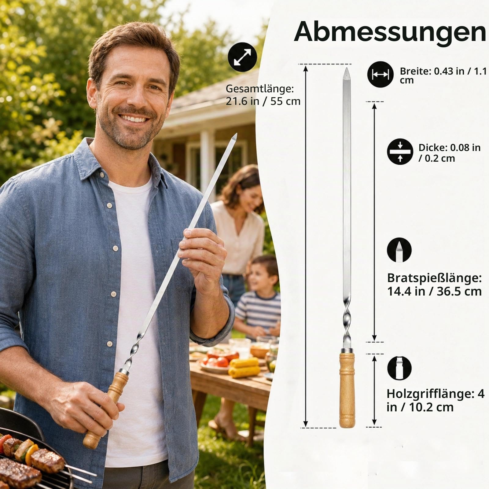 IMEEA 55cm Grillspieße Adana Spieße Wiederverwendbar Edelstahl Barbecue Grillspieße Spieße Schaschlikspieße mit Holzgriff(12 Stück）