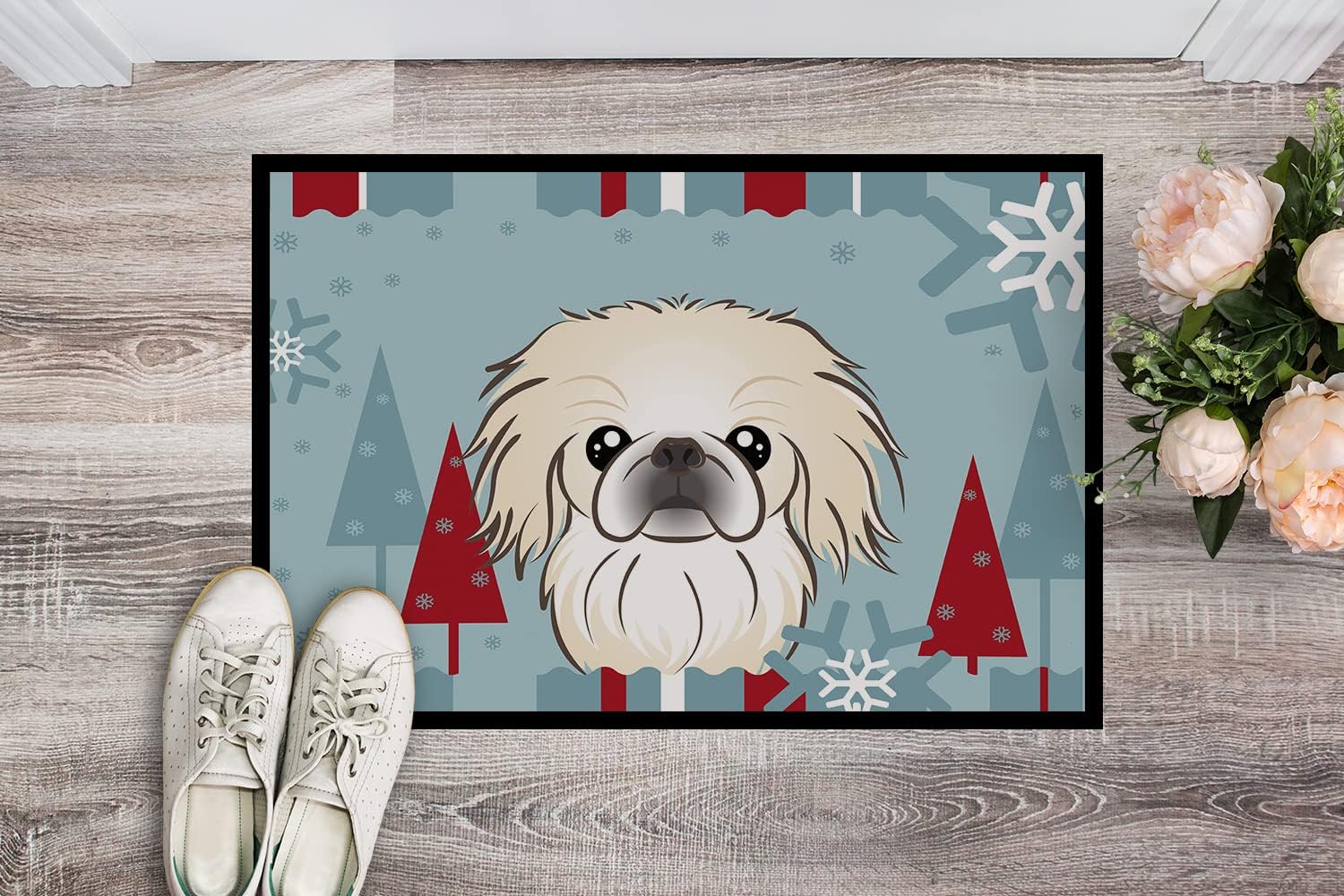 Caroline's Treasures BB1717MAT Winter Holiday Pekingese Doormat 18x27 Front Door Mat Indoor Outdoor Rugs for Entryway, Non Slip Washable Low Pile, 18H X 27W