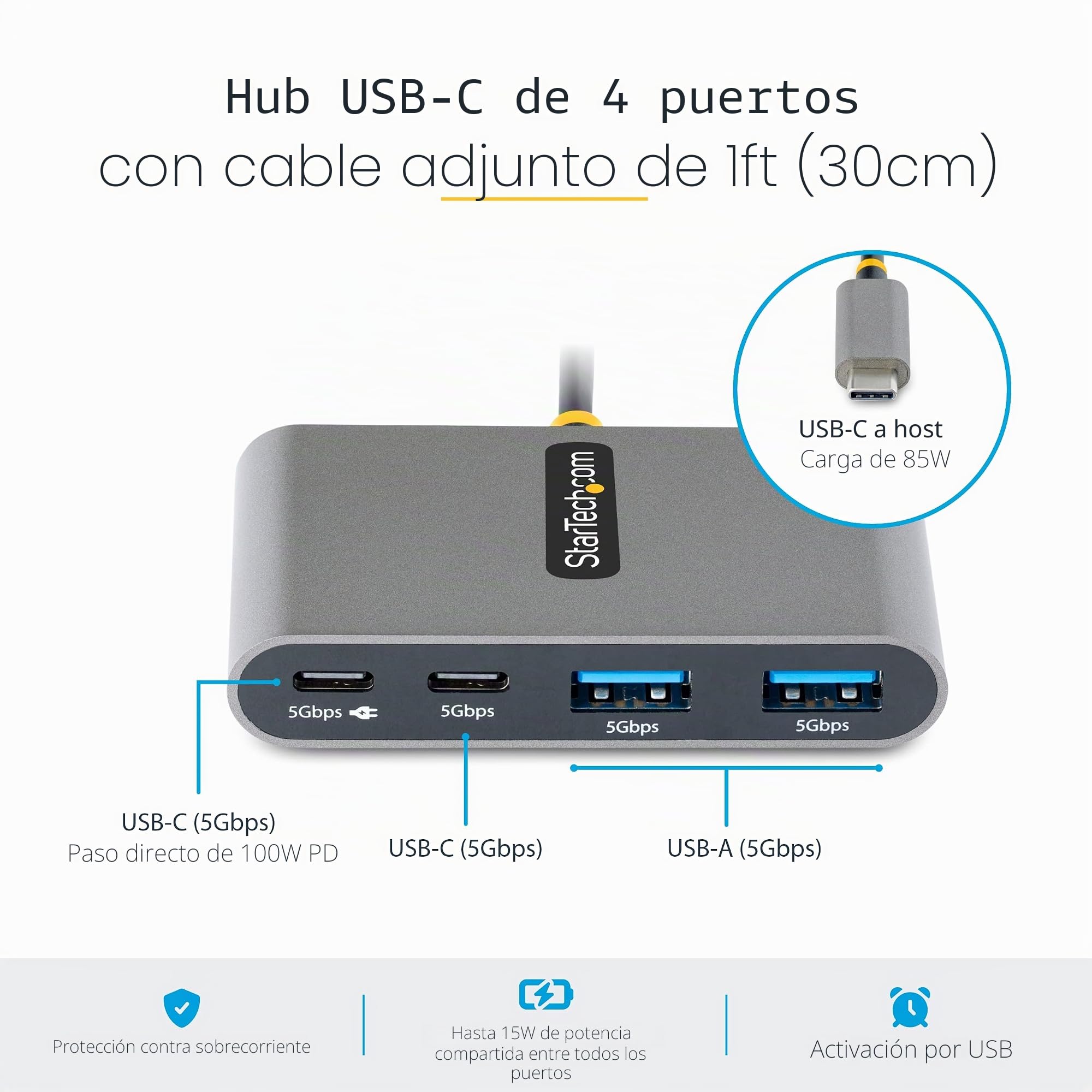 StarTech Hub USB-C de 4 Puertos 5Gbps con PD de 100W (5G2A2CPDB-USB-C-HUB) | Divisor USB portátil, Paso de alimentación hasta 85W, Protección sobrecorriente