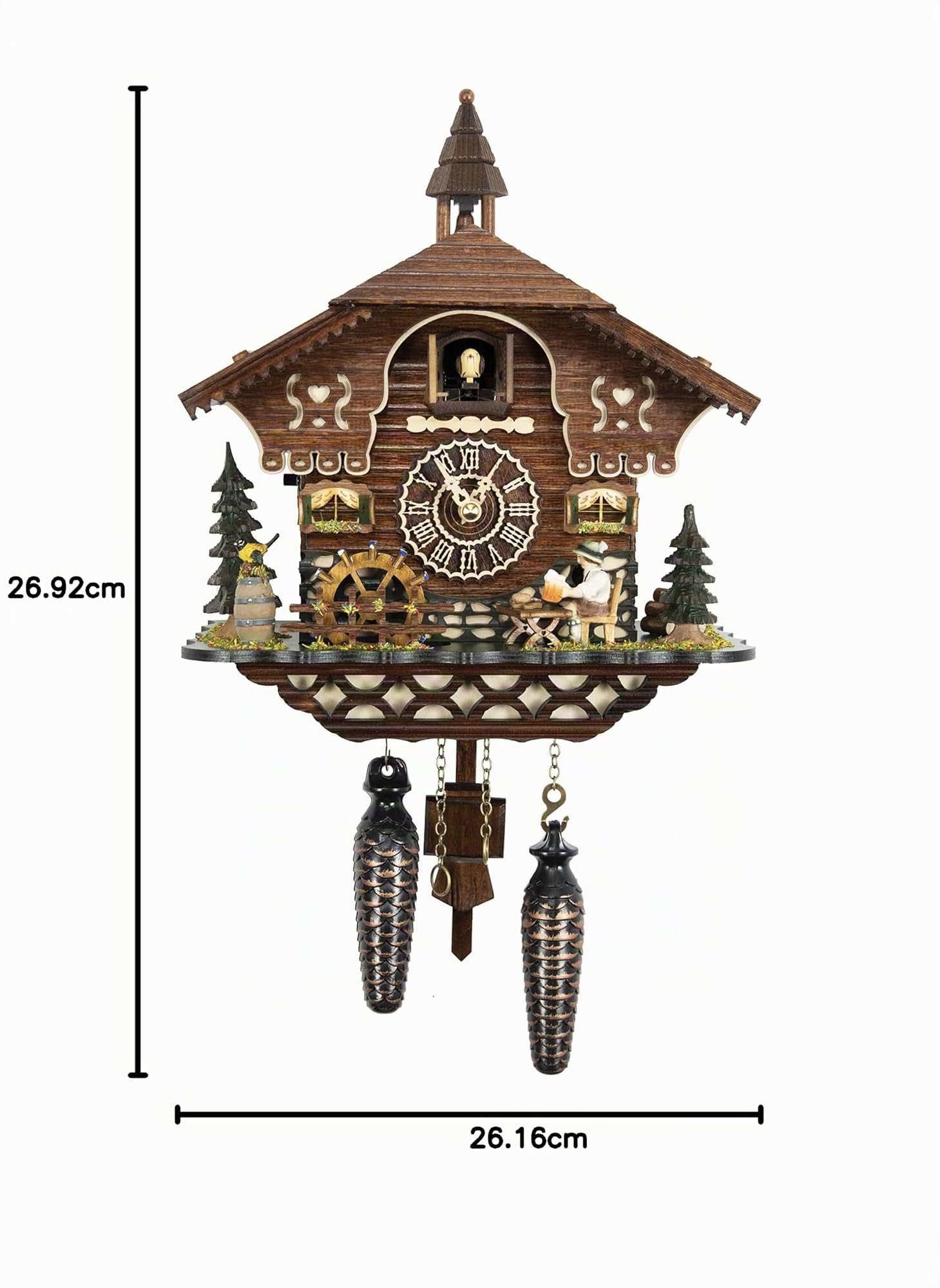 Cuckoo Palace Kuckucksuhr Brotzeithäusl - Quarzwerk mit Musik - Holz walnussbraun - Höhe 26 cm - bewegliche Figuren - Lichtsensor - traditionelle Wanddekoration
