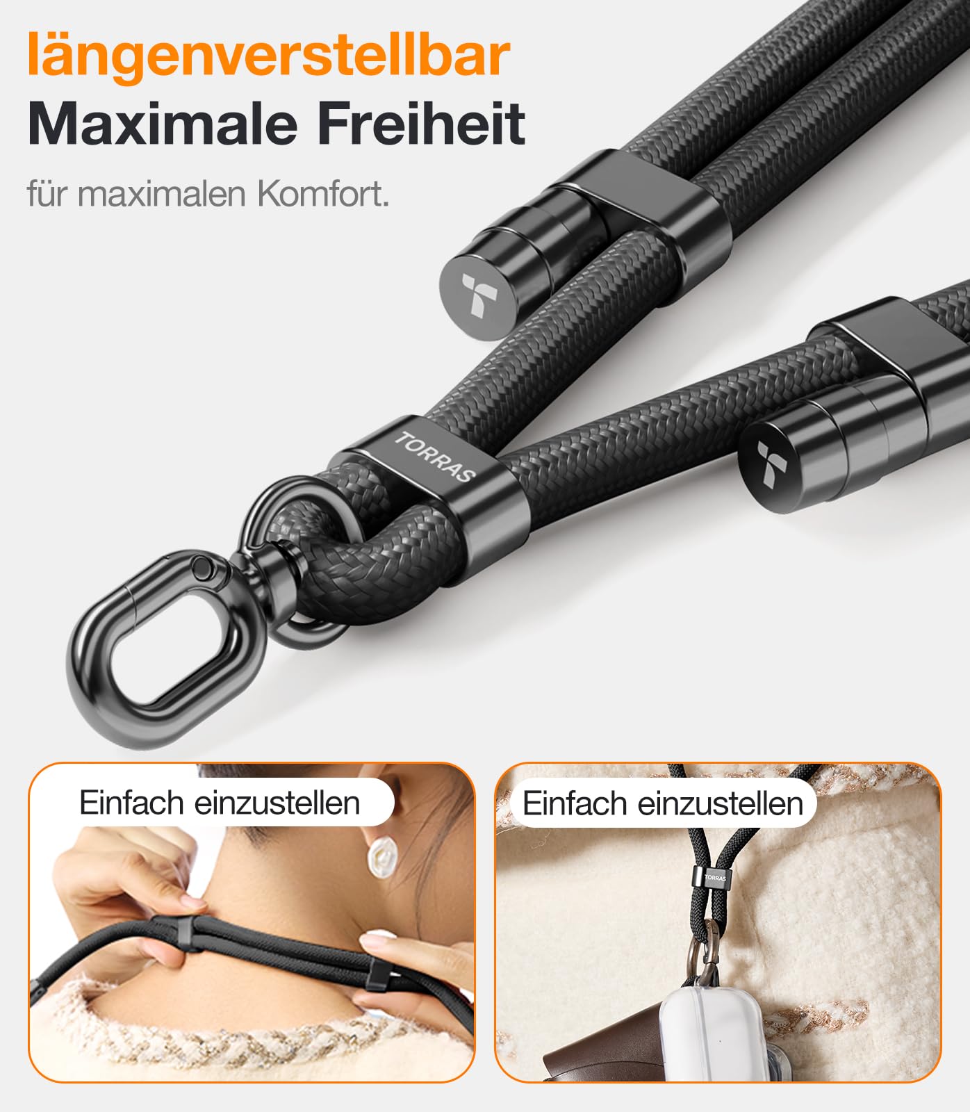 TORRAS Premium Handykette Universal Verstellbar, Anti-Verlust, Extra Robust, für Outdoor & Reise, Doppel-Nylonkordel mit Metallschnalle, kompatibel mit iPhone, Samsung, Schwarz