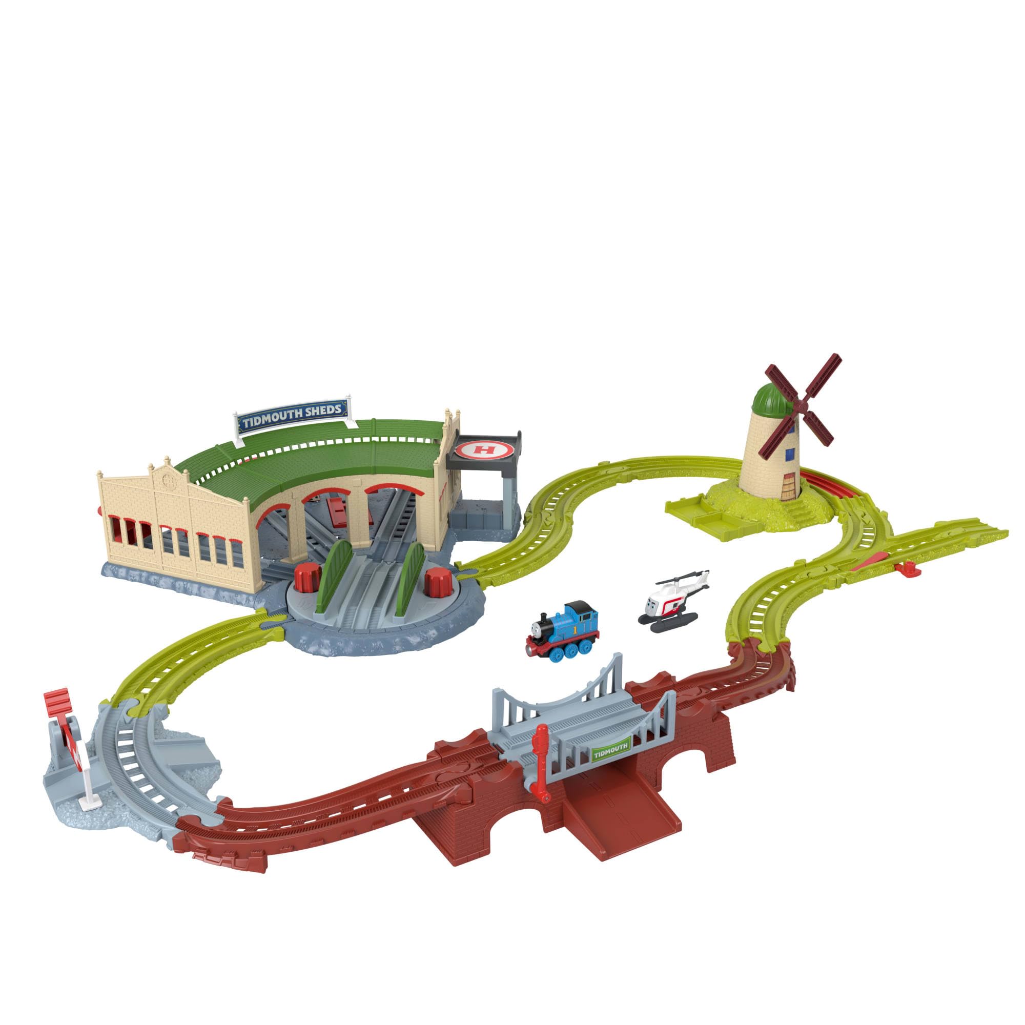 Fisher-Price Il Trenino Thomas Pista alla Scoperta del Deposito di Tidmouth | Include veicolo a spinta locomotiva Thomas e Harold l’elicottero, piattaforma girevole per cambiare percorso treni, JWC72