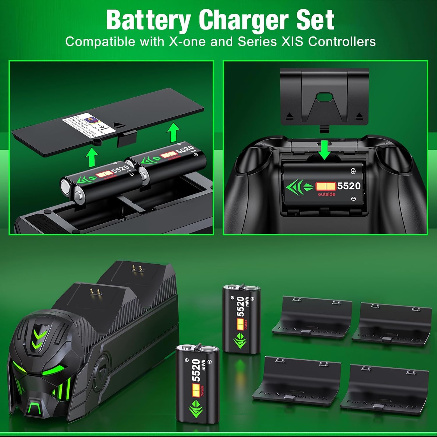Stazione di ricarica per controller ricaricabile con 2 batterie da 5520 mWh compatibile con Xbox Series X/S/Xbox One/One X/One S Elite, kit di archiviazione accessori controller con 4