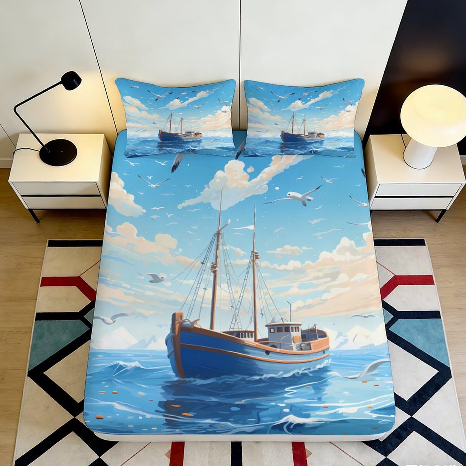 3D Printed Ocean Sailing Boat Fitted Sheet Microfiber Soft Blue Sky Seagull Mattress Cover for Bedroom Decor 90x200x25cm