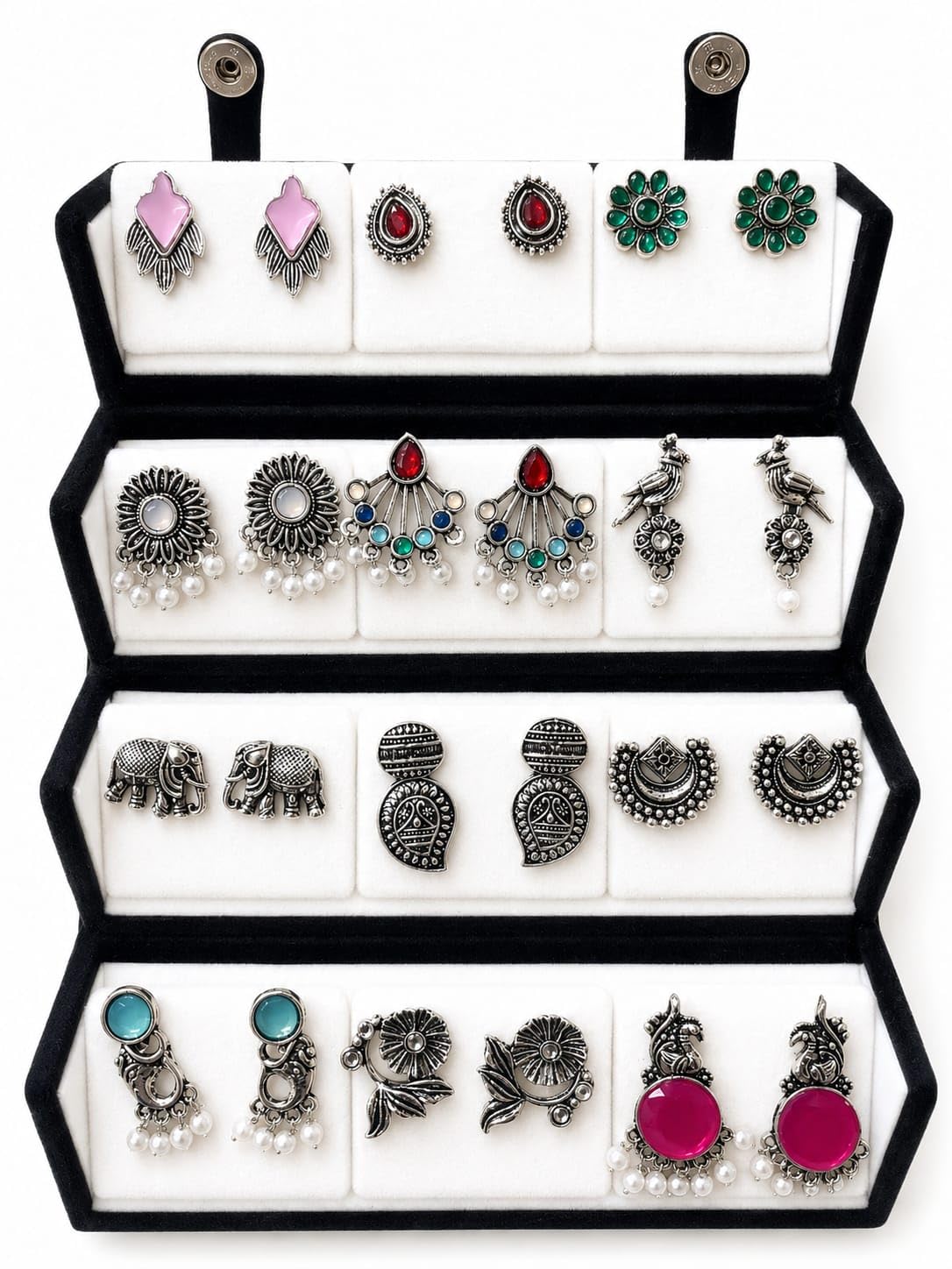 Trendy Silver Oxidized Stud Earring Set For Woman And Girls Combo Of 12 Pairs With Black Velvet Box Women Fashion Earrings With Quality Pearl Fitting And Multicolour Bedki Lightweight Oxidized Earrings For Navratri Collection Gift For Her-image-18