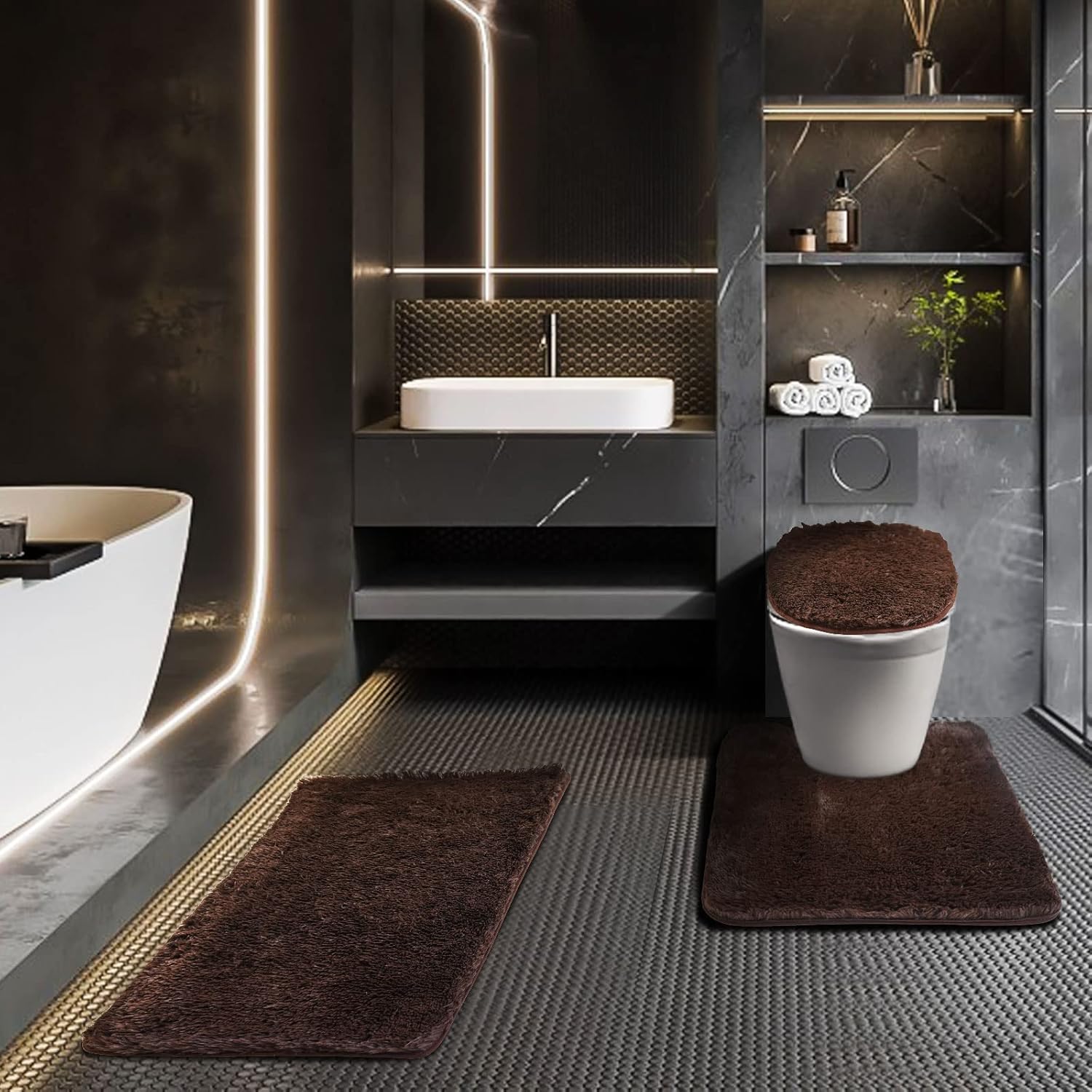 Brown Bathroom Rugs Sets 3 Piece with Toilet Cover and