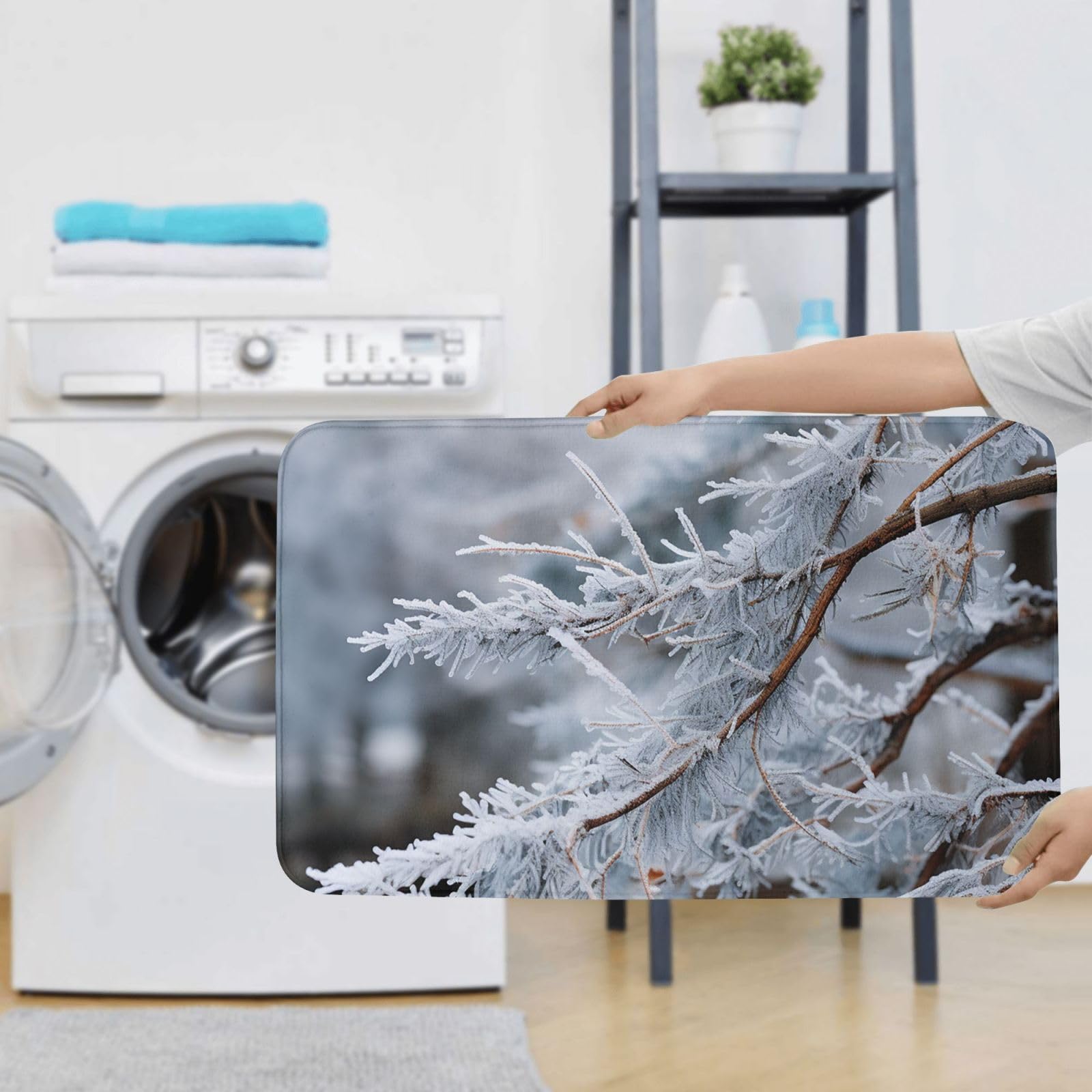 Set di 3 tappetini da bagno con motivo ramo coperto di neve, in flanella, morbido, antiscivolo, con coperchio, per decorare la casa