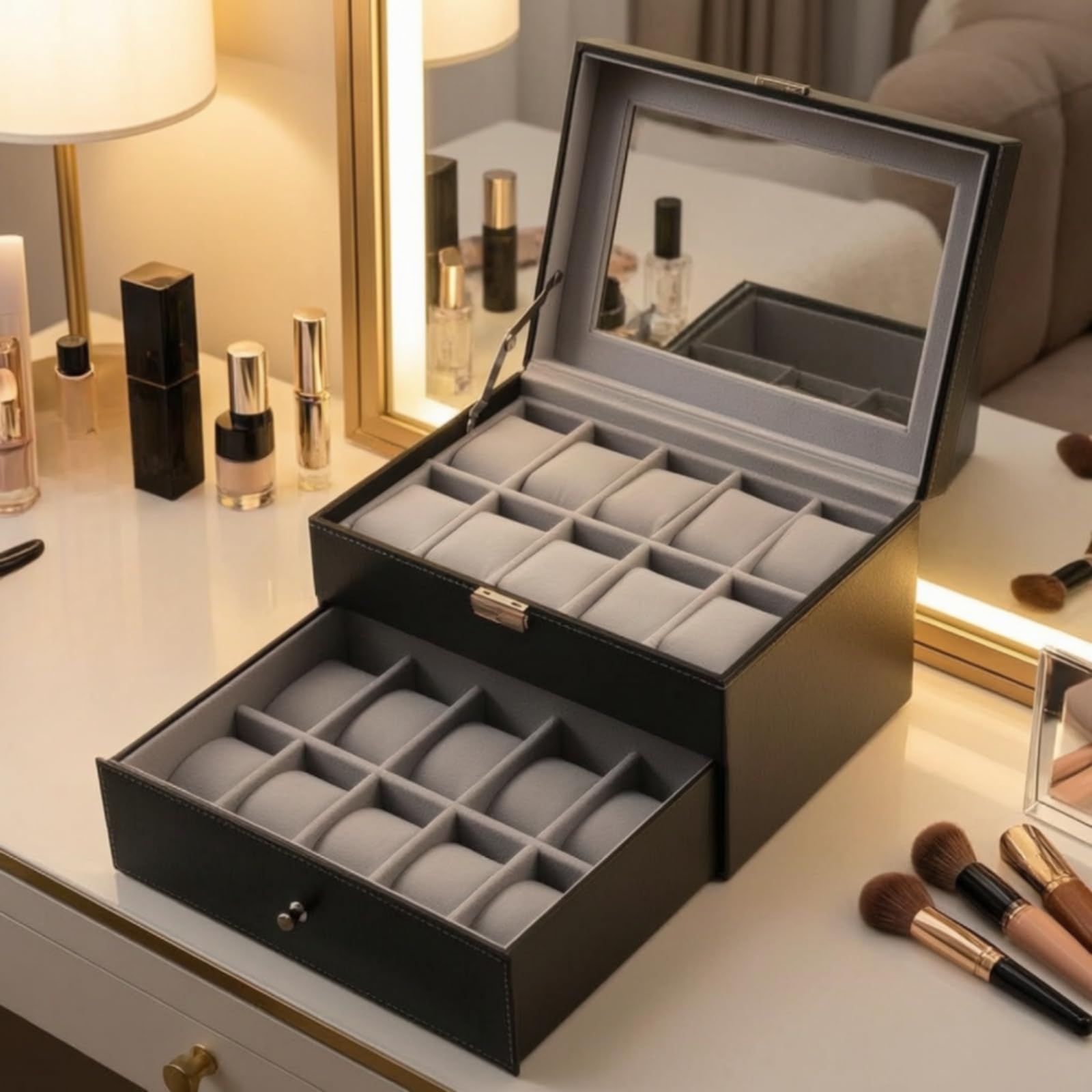 Organizador Relojes 20 Compartimentos Caja Relojes con Cajón Suave Reloj para Cómoda