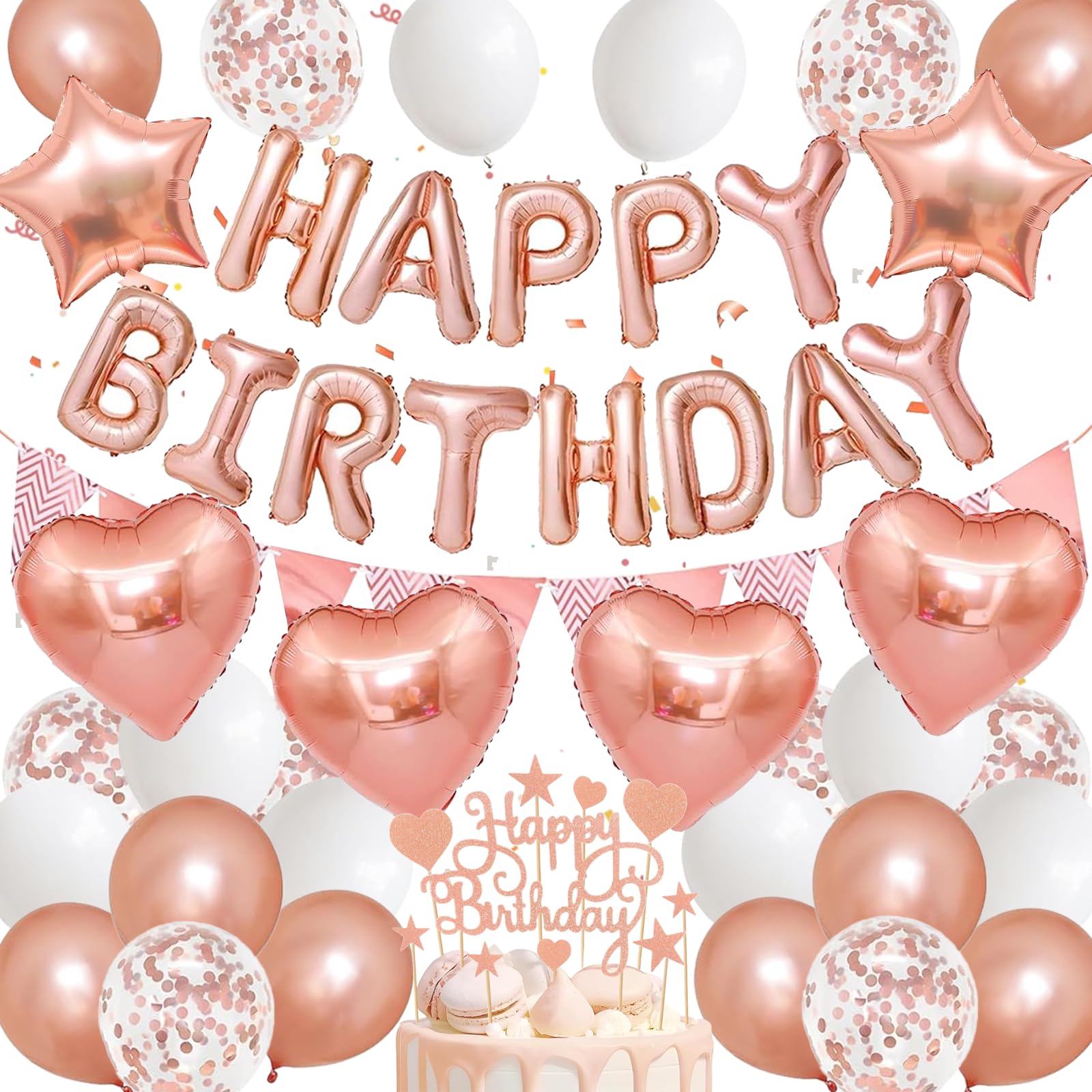 Birthday Party Decoration Supplies, Rose Gold Balloon Kit - 45 Pack Featuring Star & Heart Foil Balloons, Latex Confetti Balloons for Women & kids Birthday Party — image 1