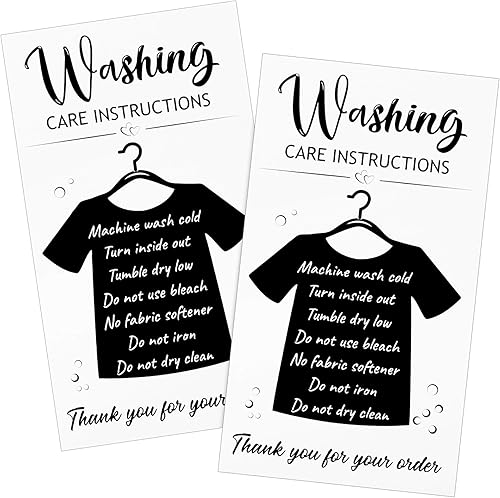 Zonon 100 piezas de instrucciones de lavado de camisetas negras tarjetas de instrucciones de cuidado de la camisa con camisa gráfica tarjetas de