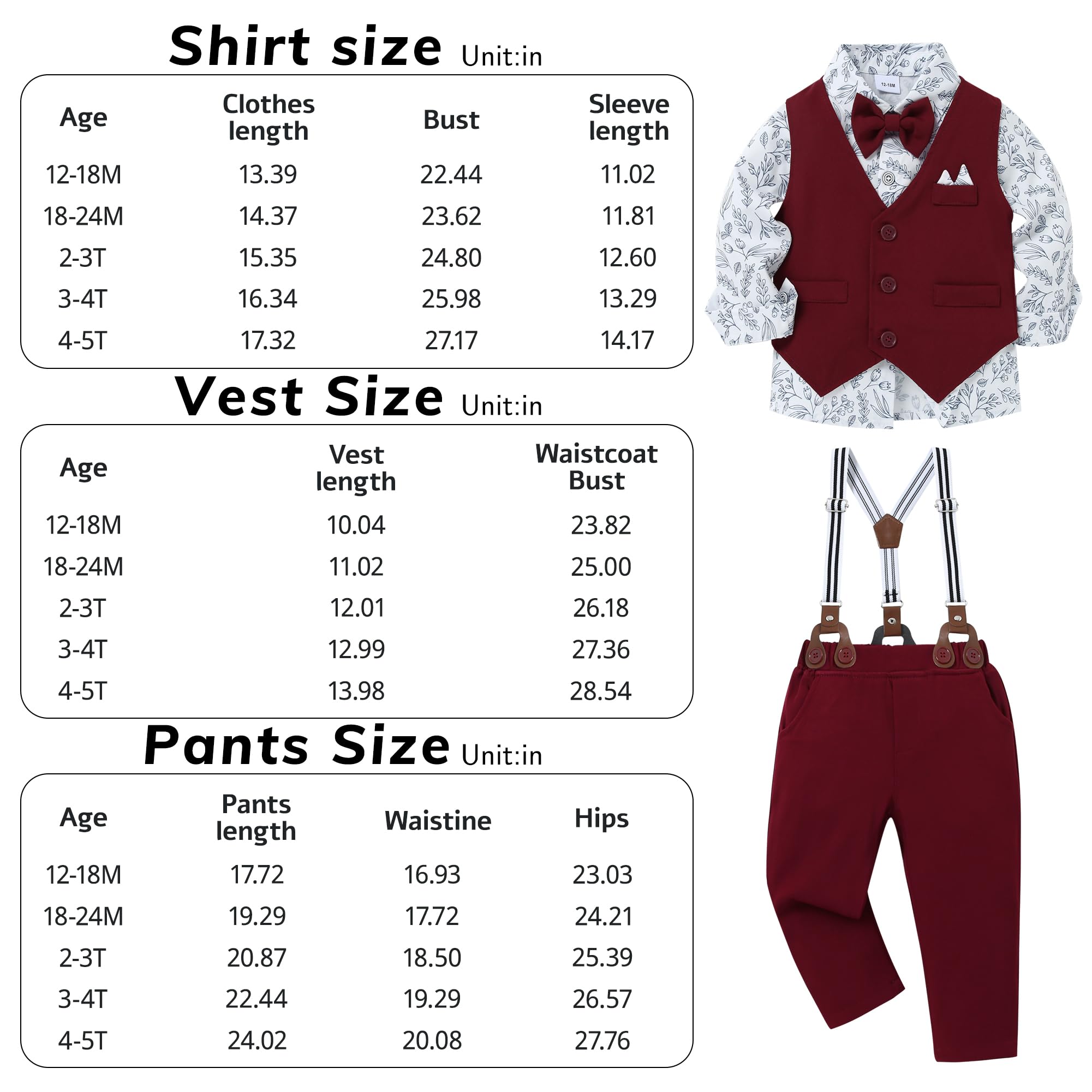 Traje de ropa para bebé niño de 12 meses a 5 años, camisa de vestir formal + pajarita + pantalones de tirantes para caballero