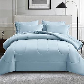Sweet Home Collection 7 Piece Comforter Set Bag Solid Color All Season Soft Down Alternative Blanket & Luxurious Microfiber Bed Sheets, Denim, King