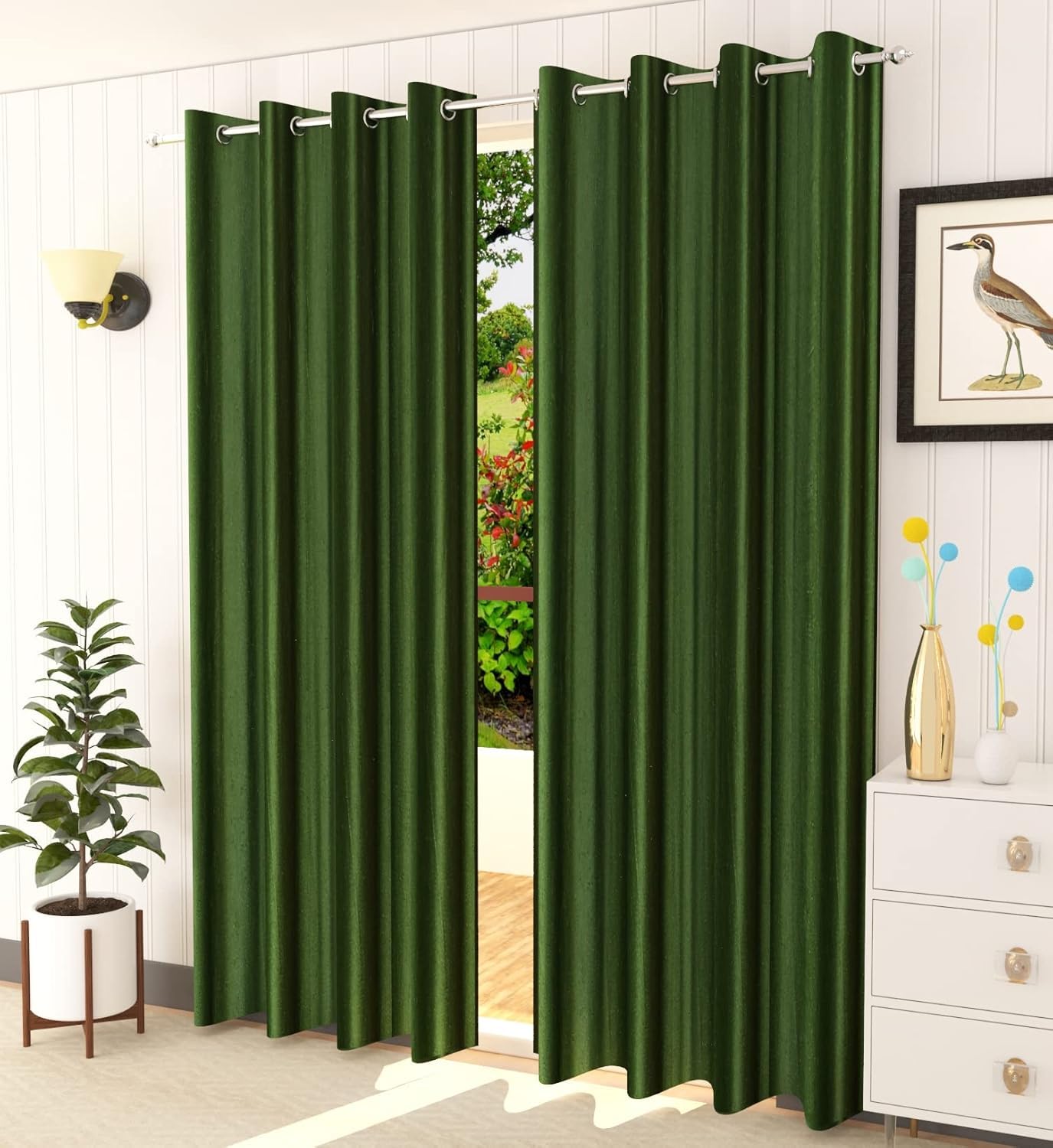 Polyester Solid Plain Curtains for Window, Bedroom, Living Room, 5 feet Long, Dark Green, Set of 2