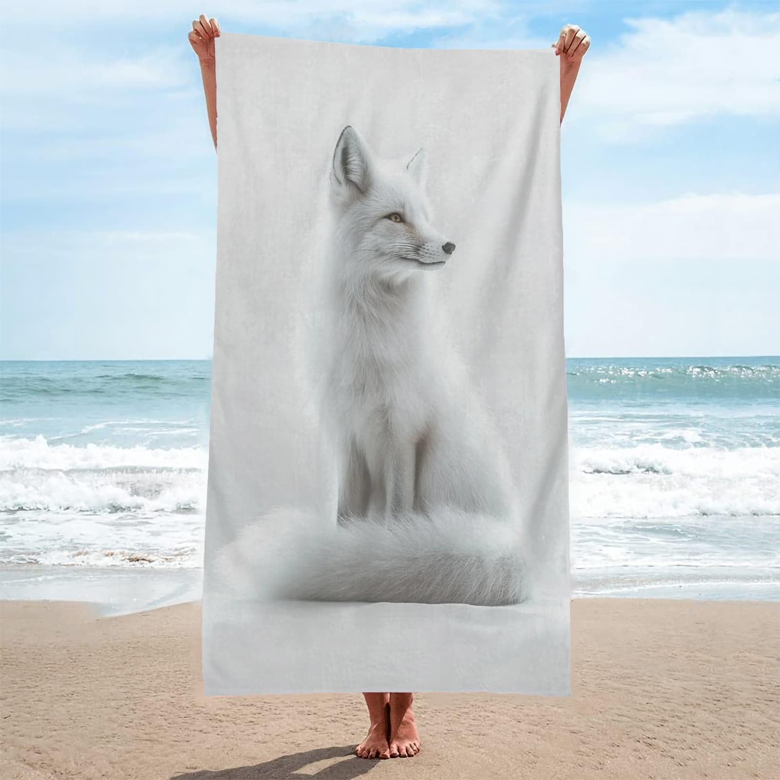 Ręcznik plażowy dla dorosłych Biały lis odpoczywający duży ręcznik plażowy z mikrofibry do podróży, pływania, biwakowania, miękki, szybkoschnący, wolny od piasku, chłonny, ręcznik na siłownię
