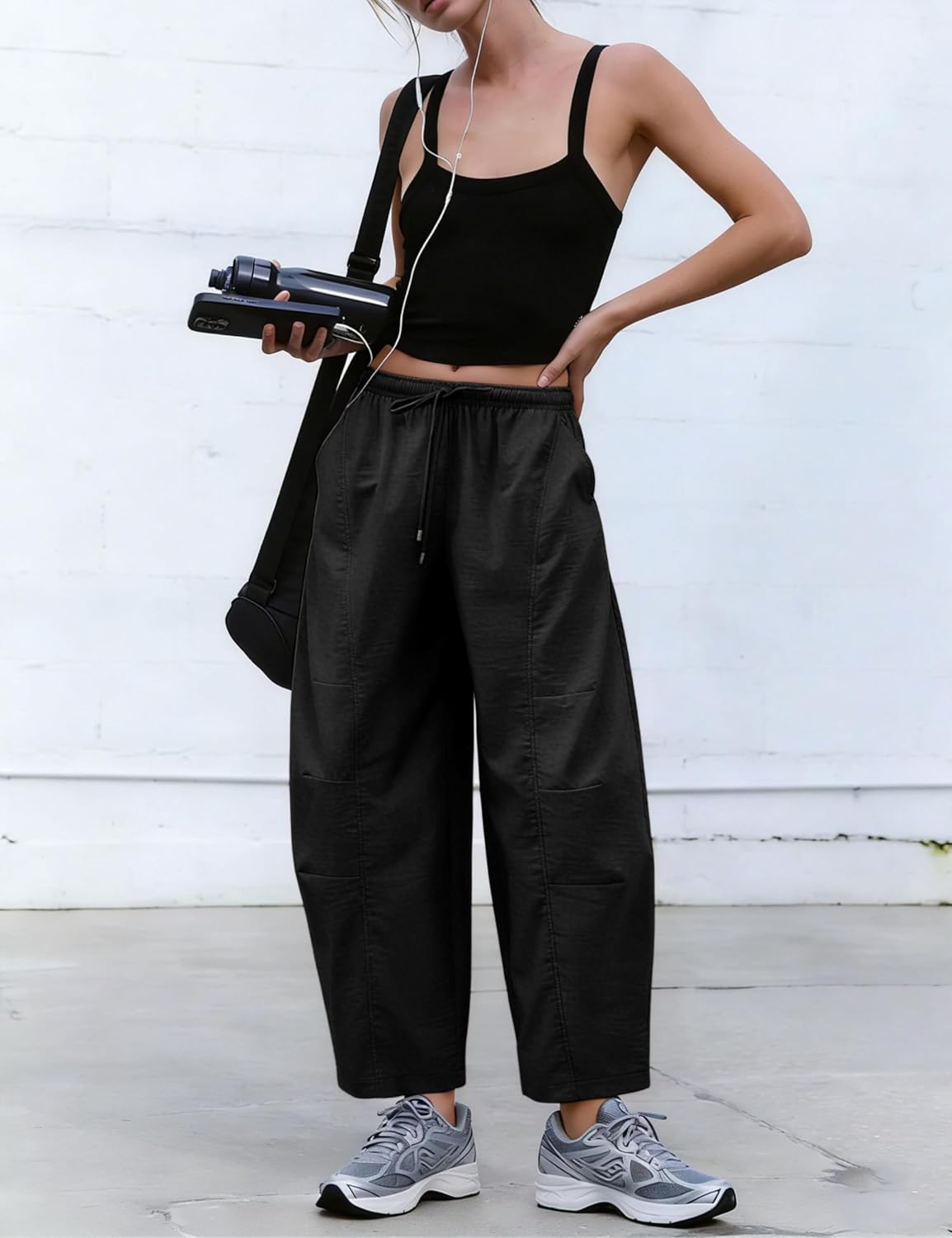 Lviefent Womens Barrel Pants Casual Drawstring Elastic Waist Crop Wide Leg Parachute Pants with Pockets