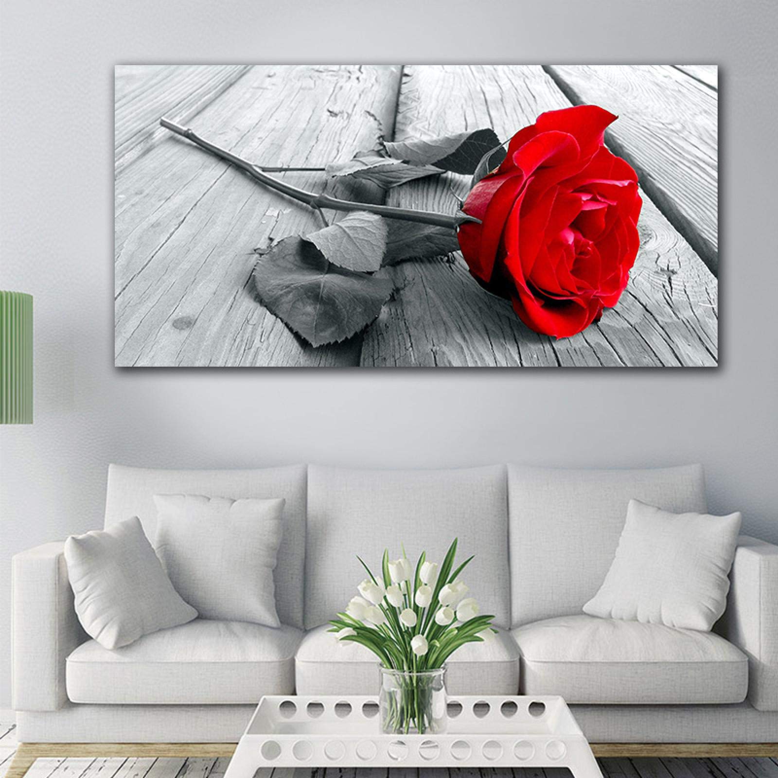Red Ross Picturs Wall Art HD Flor Lienzo Pintura Tamaño grande Negro Blanco Impresiones Carteles Pintura de pared Decoración 70x140cm (28x55in) Con marco