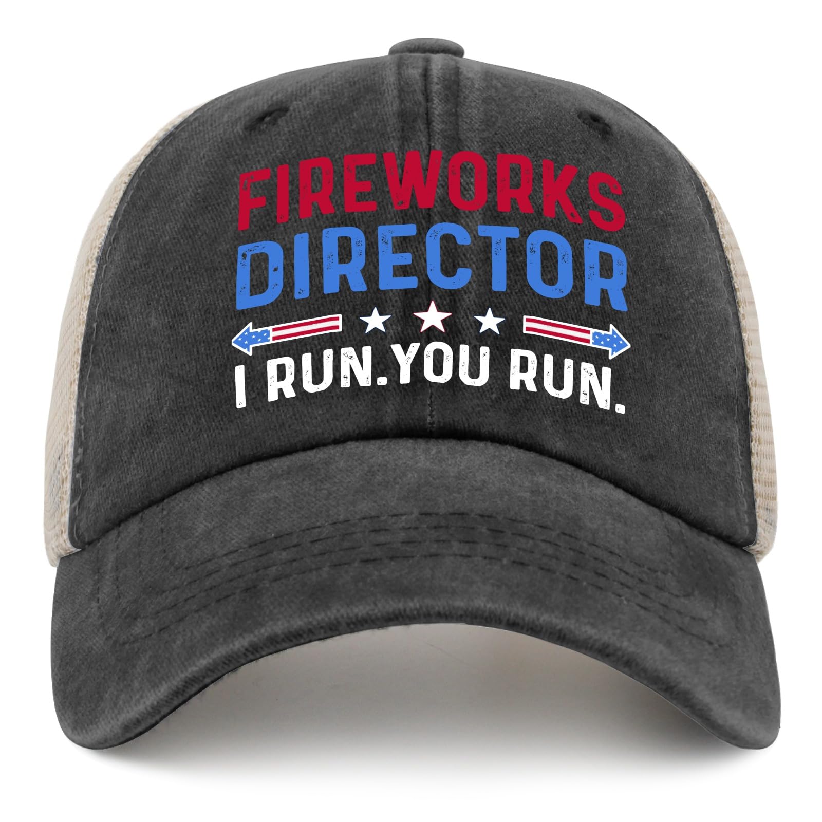 BEIXBE Fireworks Director I Run You Run Trucker Hat Women Vintage Mesh Hats for Summer Black