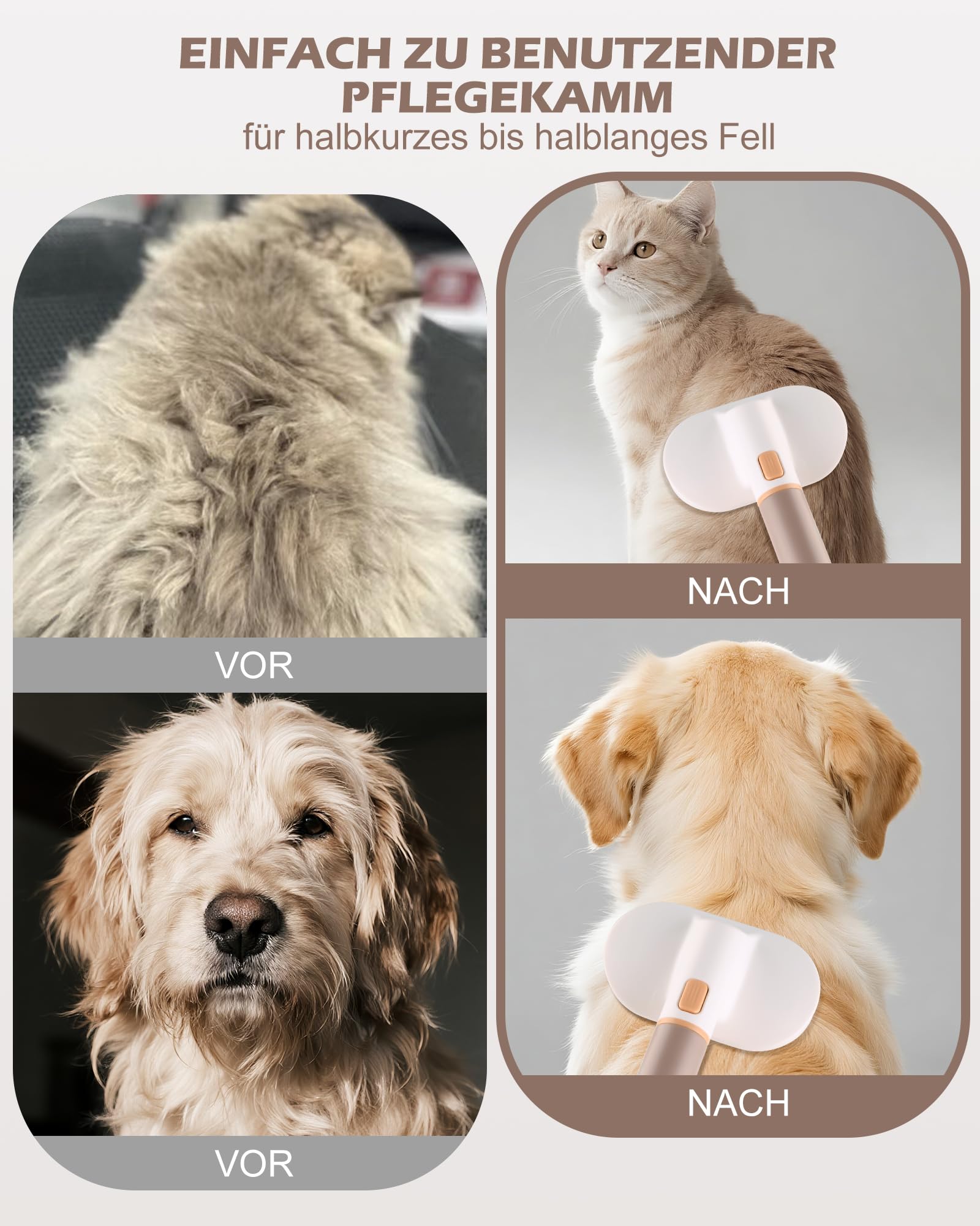 3-in-1 Katzenbürste & Hundebürste Selbstreinigend, Edelstahl-Entfilzungskamm für Langhaar & Kurzhaar | Entfernt Lose Haare & Knoten | Massageborsten zur sanften Fellpflege | Ein-Klick Haarentfernung