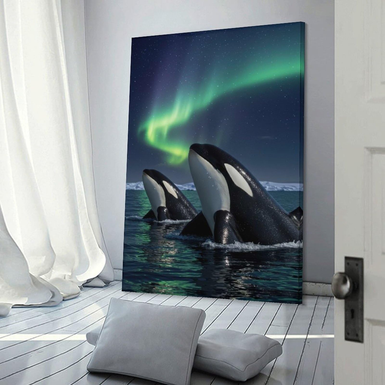 Junmoney Orcas Under The Aurora Borealis Decorative Wall Artwork, 20x30inch(50x75cm), for Home Lounge, Bedroom Or Reading Nook, Easy Decor for Gallery Walls