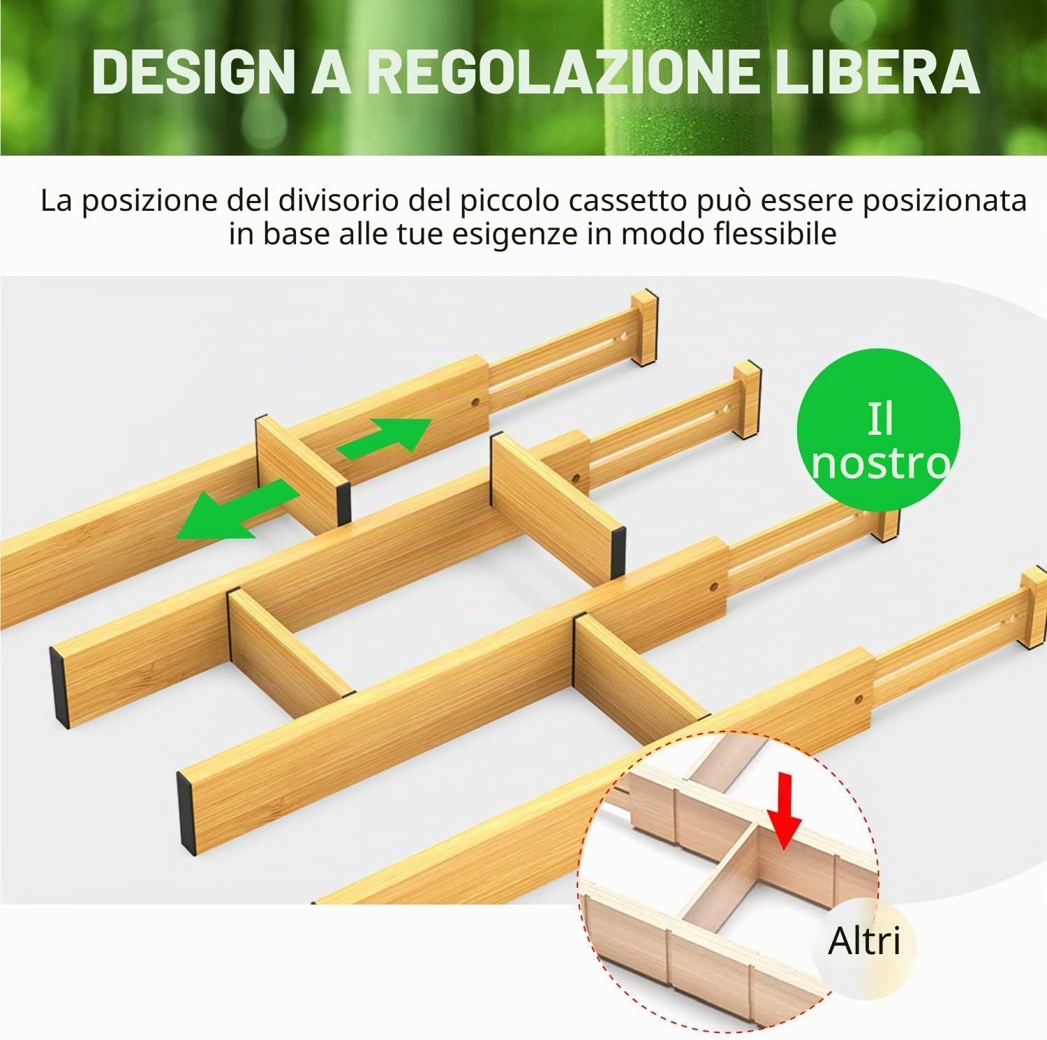 ANTOWIN Divisori per cassetti in bambù, espandibili (43-56 cm), organizer regolabile a molla per utensili grandi, vestiti, cassetti, set di 16 divisori per cassetti