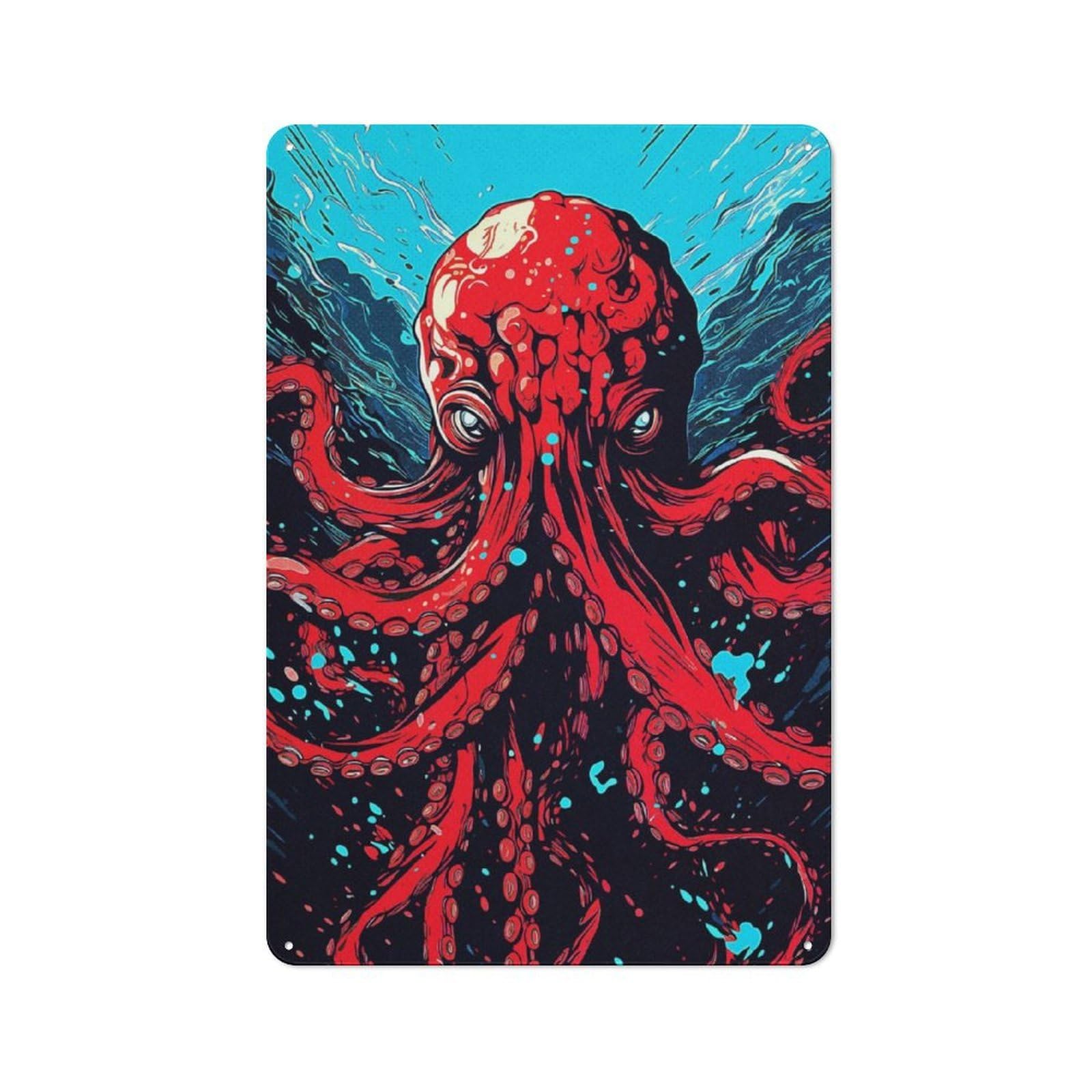 Junmoney Red Octopus Tin Wall Plaque 30X20cm With For Garage Or Workshop, For An Autumn Wall Display In Garage And Workshop