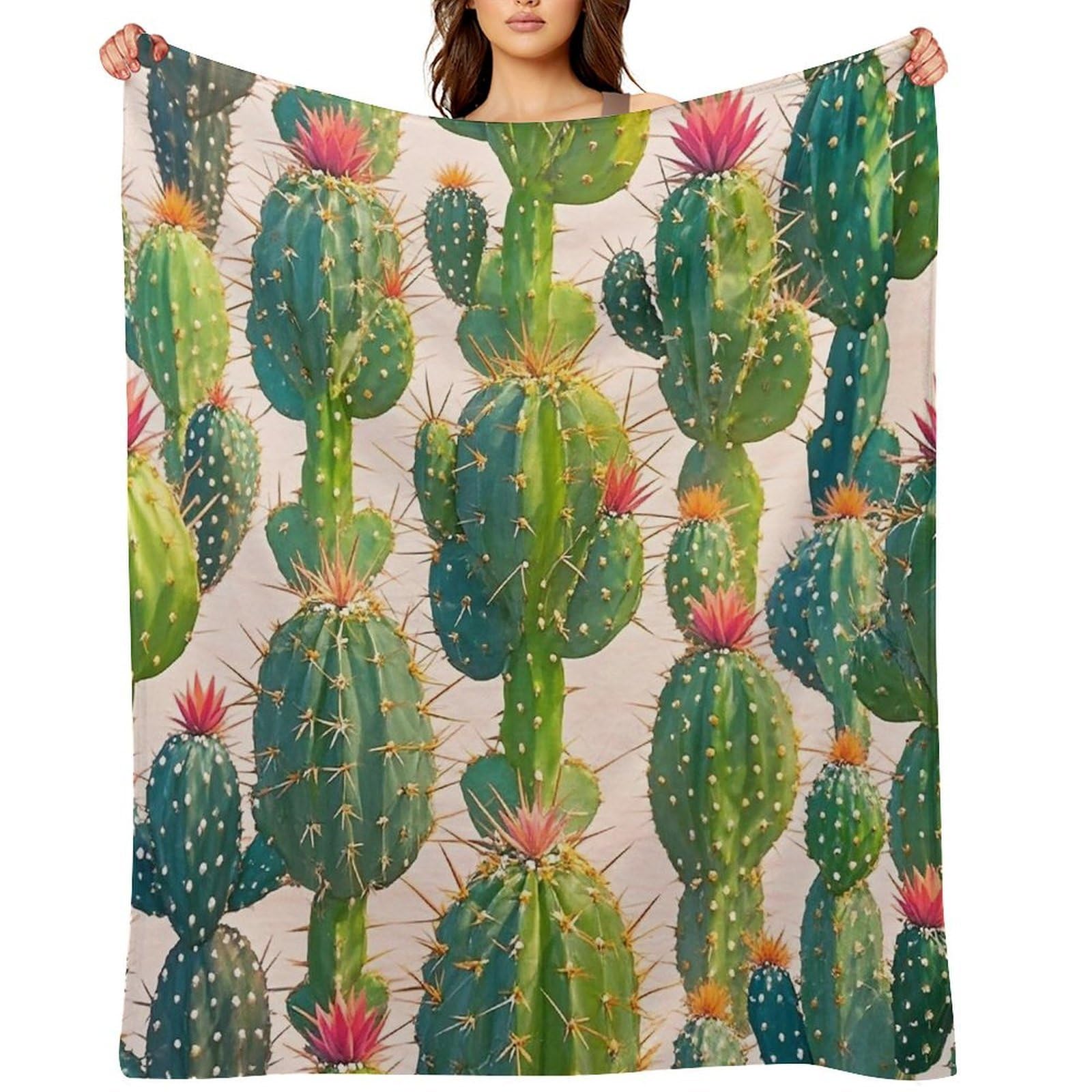 Flannel Green Cactus Pattern Throw Blanket for Couch Super Soft Fuzzy Cozy Flannel Blankets No Shed No Pilling FAnti-Static Winter Bed Blanket Decorative and Giftable Blankets