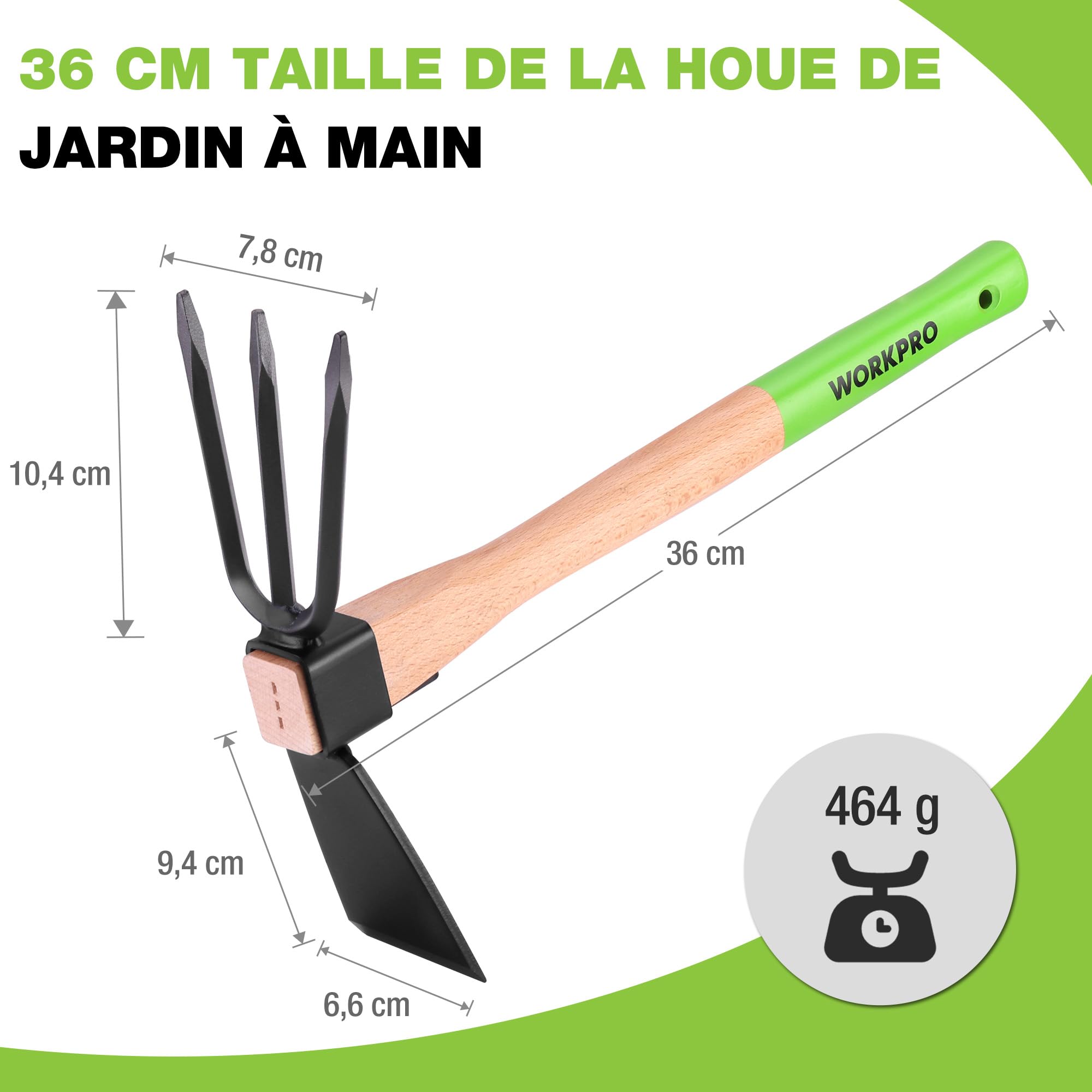 WORKPRO Serfouette Jardinage 36 cm, Houe de Jardin 2 en 1 avec Griffe de Jardin 3 Dents, Outil Jardinage Robuste avec Manche en Bois de Hêtre pour Désherber, Ameublir la Terre et Cultiver Le Sol