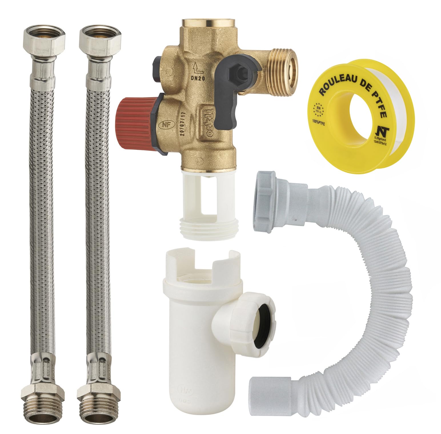 Kit raccordement Groupe de sécurité droit norme NF 20x27 (3/​4) siège laiton + siphon + flexibles d'alimentation + flexible évacuation + teflon chauffe eau/​cumulus NOYON & THIEBAULT