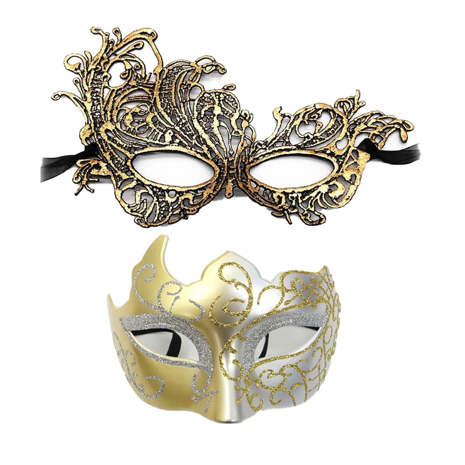 2-Pack Masquerade Mask Set, Venetian Style, Gold and Silver Costume — image 1