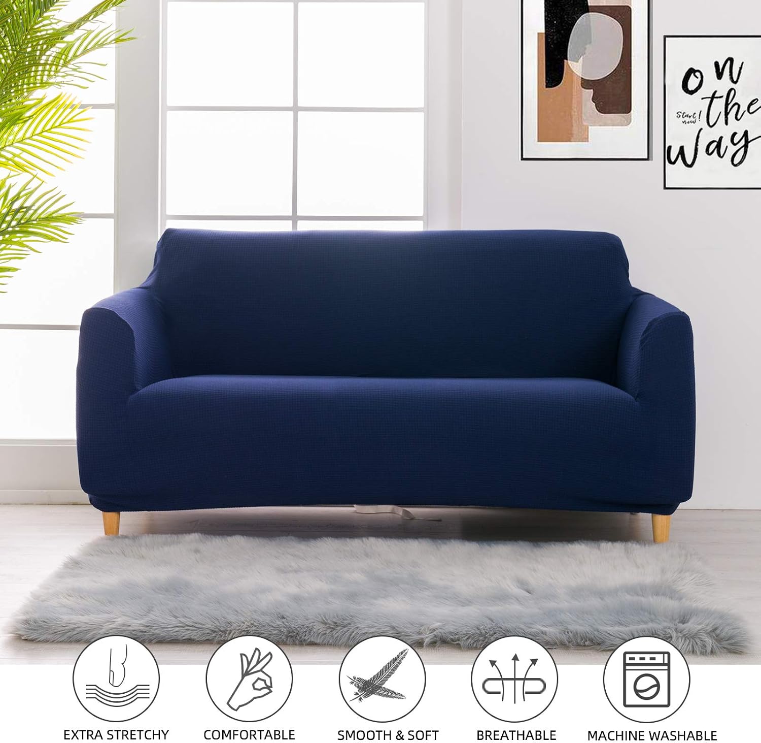 RECYCO Couch Cover Extra Large Sofa Covers Oversized Pet Dog Cat 1-Piece Stretch Fit Slipcover Furniture Protector Non Slip Spandex Jacquard Fabric Small Checks(L, Navy)