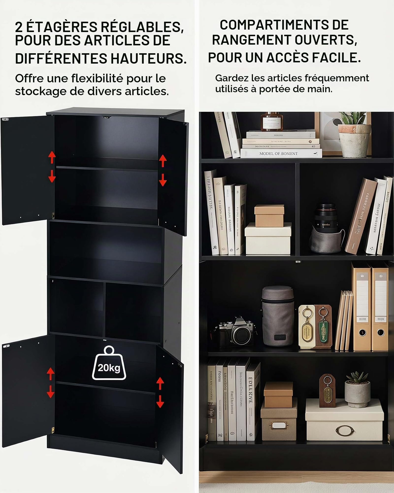 Meuble de Cuisine Colonne 180,5x60x40 cm, Armoire de Rangement Moderne avec Tablettes Ajustables, Meuble Multiuso 4 Portes pour Cuisine et Bureau (Noir)
