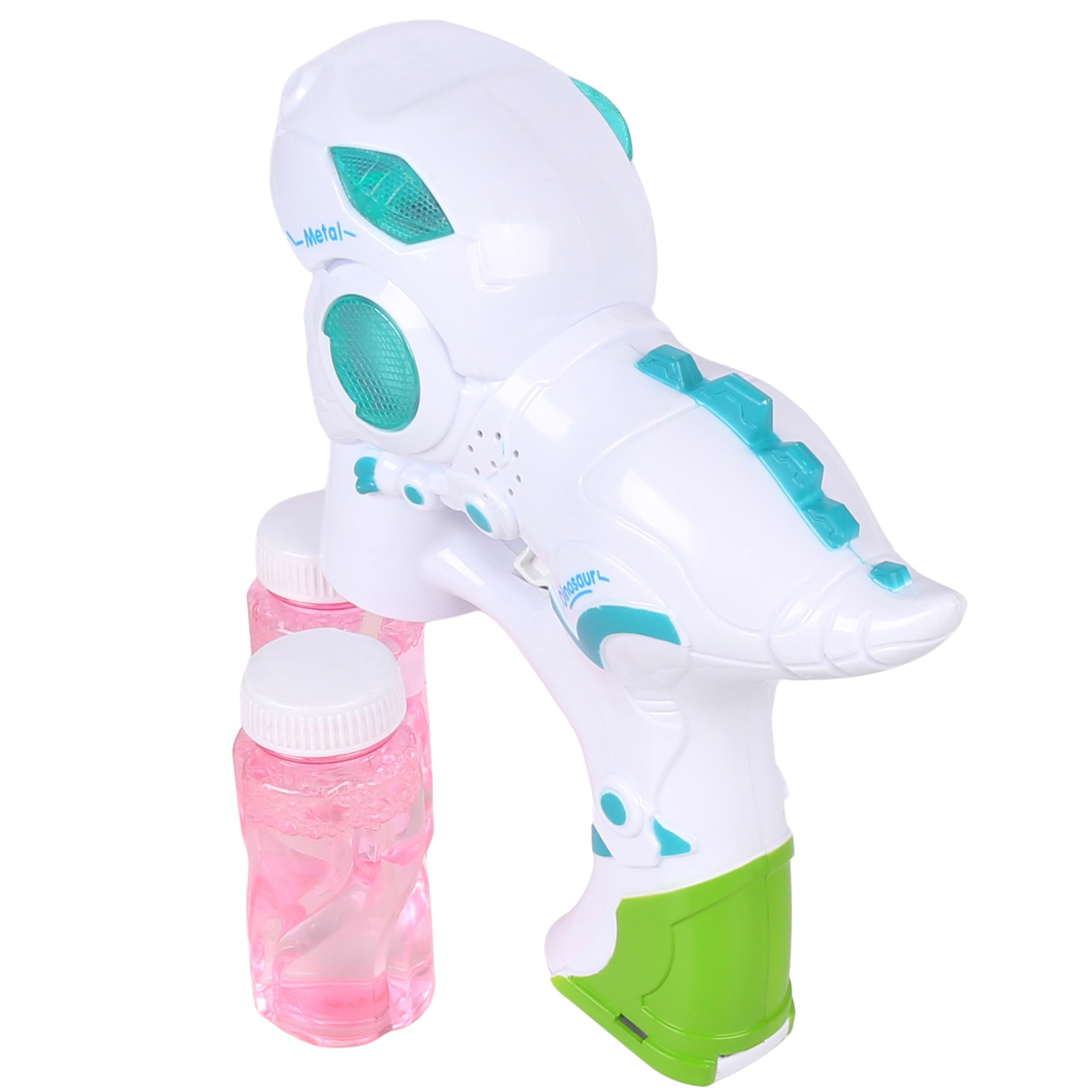 Dinosaur Bubble Gun with LED and Sound, Includes 2 Bottles of Liquid (Universal, White) - Image 4