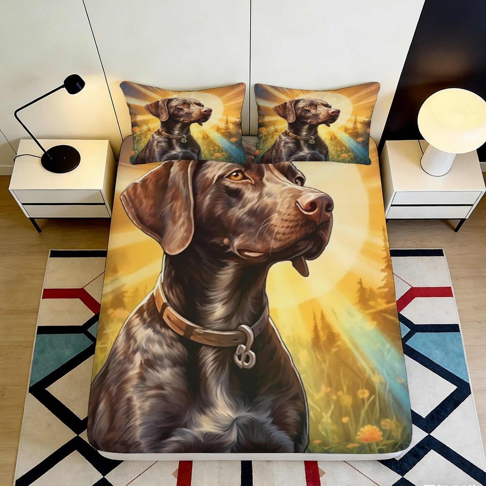 3D Printed Brown Dog Sunrise Fitted Sheet Microfiber Soft Mattress Cover Anti-Slip Washable for Bedroom Dorm Decor, 120x200cm 160x200x25cm