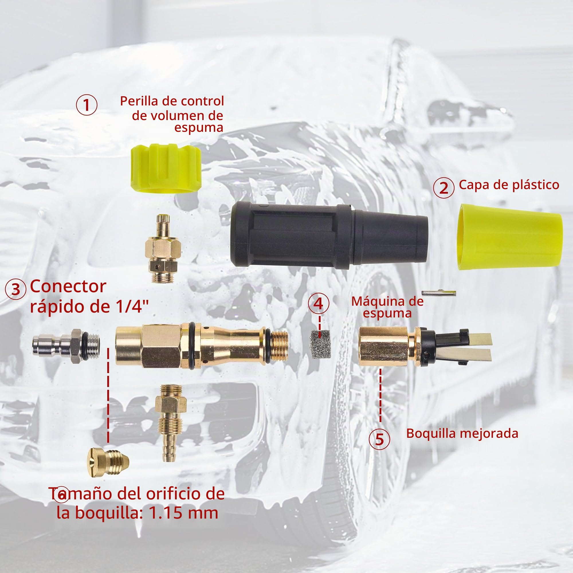 M MINGLE Pistola de lavado de espuma de nieve de alta presión, lavadora eléctrica de cañón de espuma de 4000 PSI con acoplamiento rápido de 1/4", con 5 puntas de boquilla de lavado a presión (1) litro