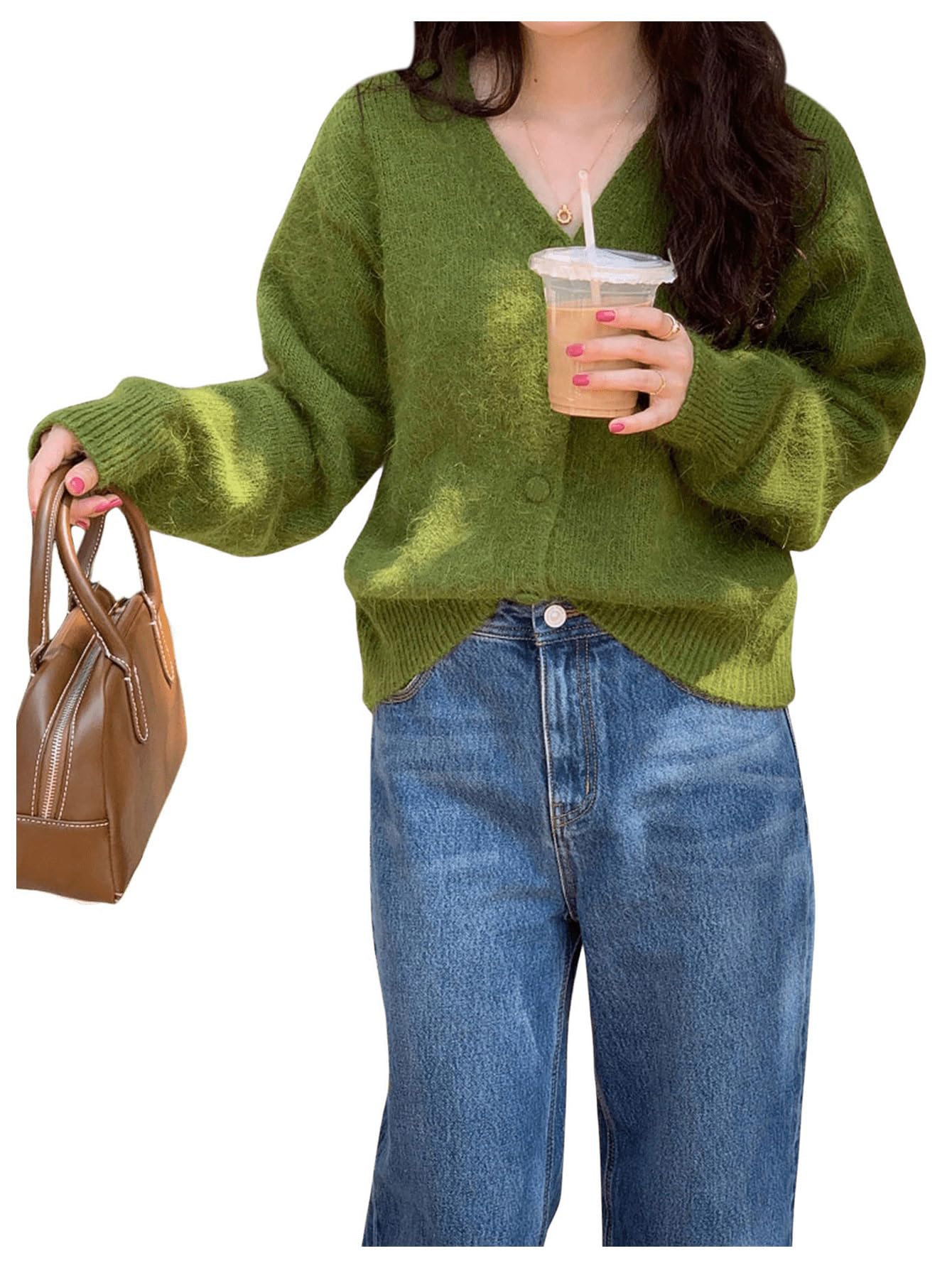 GORGLITTER Womens Button Up Fuzzy Cardigan Trendy V Neck Oversized Fall Sweater Knitted Outerwear